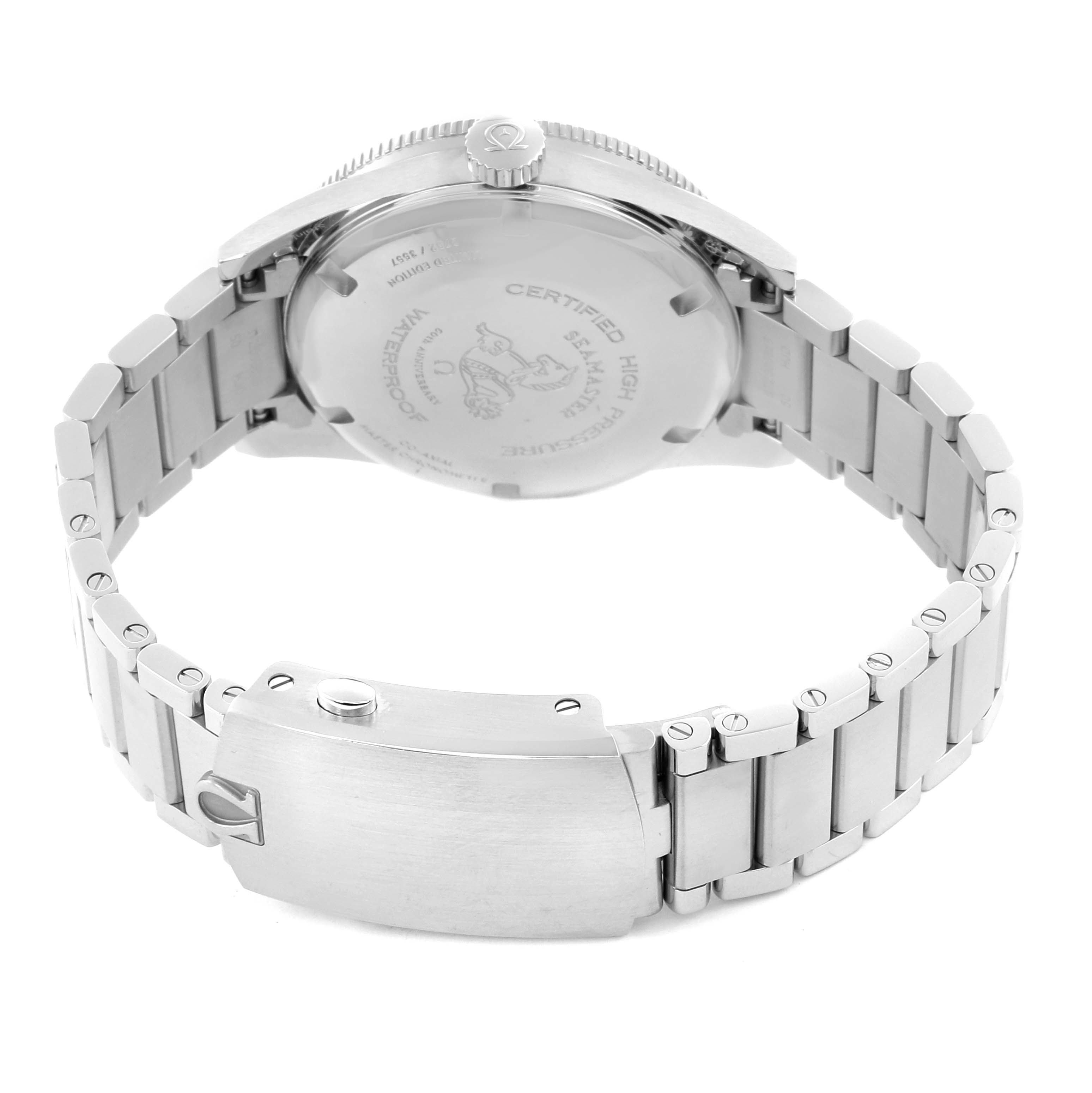 The image shows the back of the Omega Seamaster 234.10.39.20.01.001 Men
s Stainless Steel Black Dial 234.10.39.20.01.001 Men
s Stainless Steel Black Dial, highlighting its case back, bracelet, and clasp.