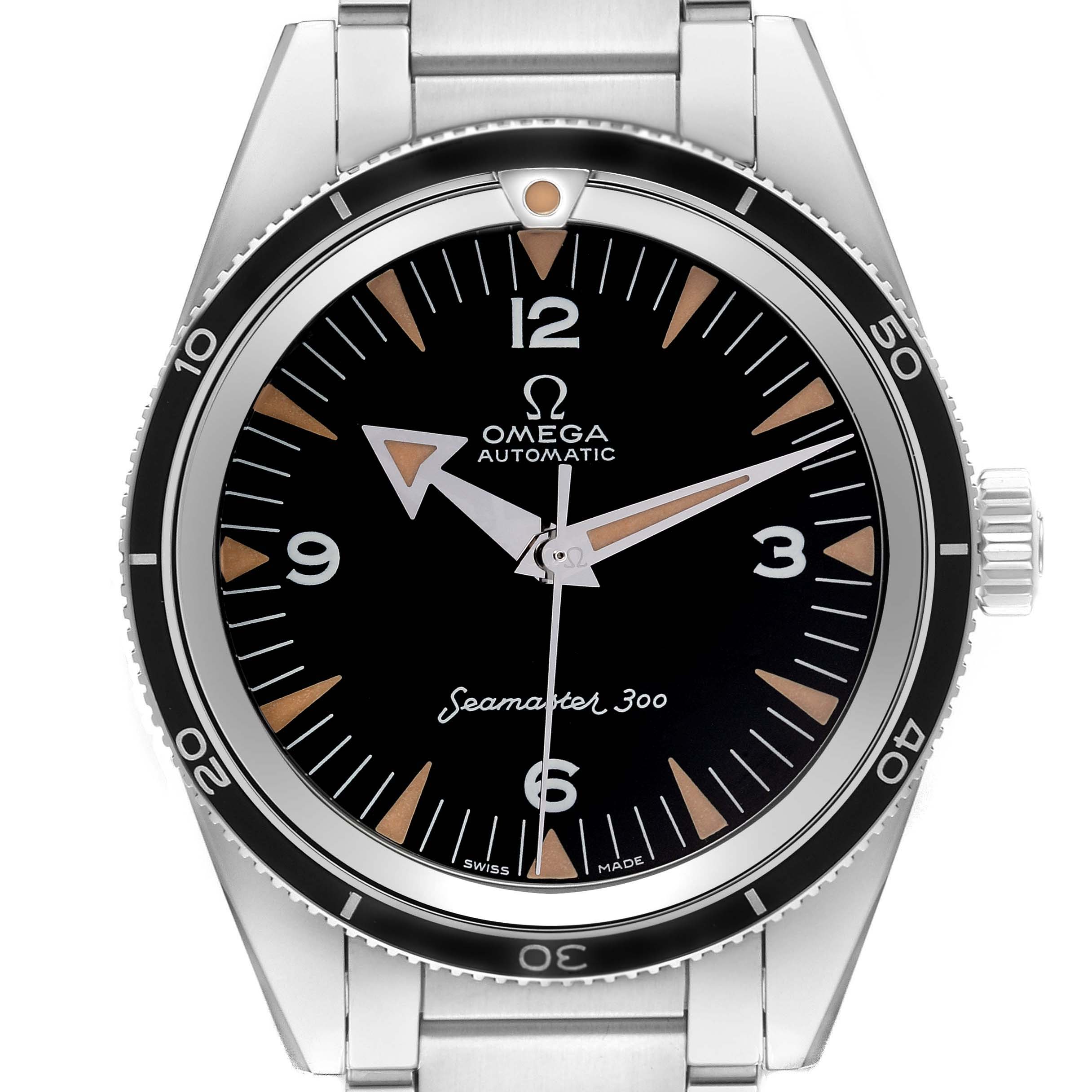 The Omega Seamaster 234.10.39.20.01.001 Men
s Stainless Steel Black Dial 234.10.39.20.01.001 Men
s Stainless Steel Black Dial watch is shown from a front angle, highlighting the black dial, bezel, and part of the bracelet.