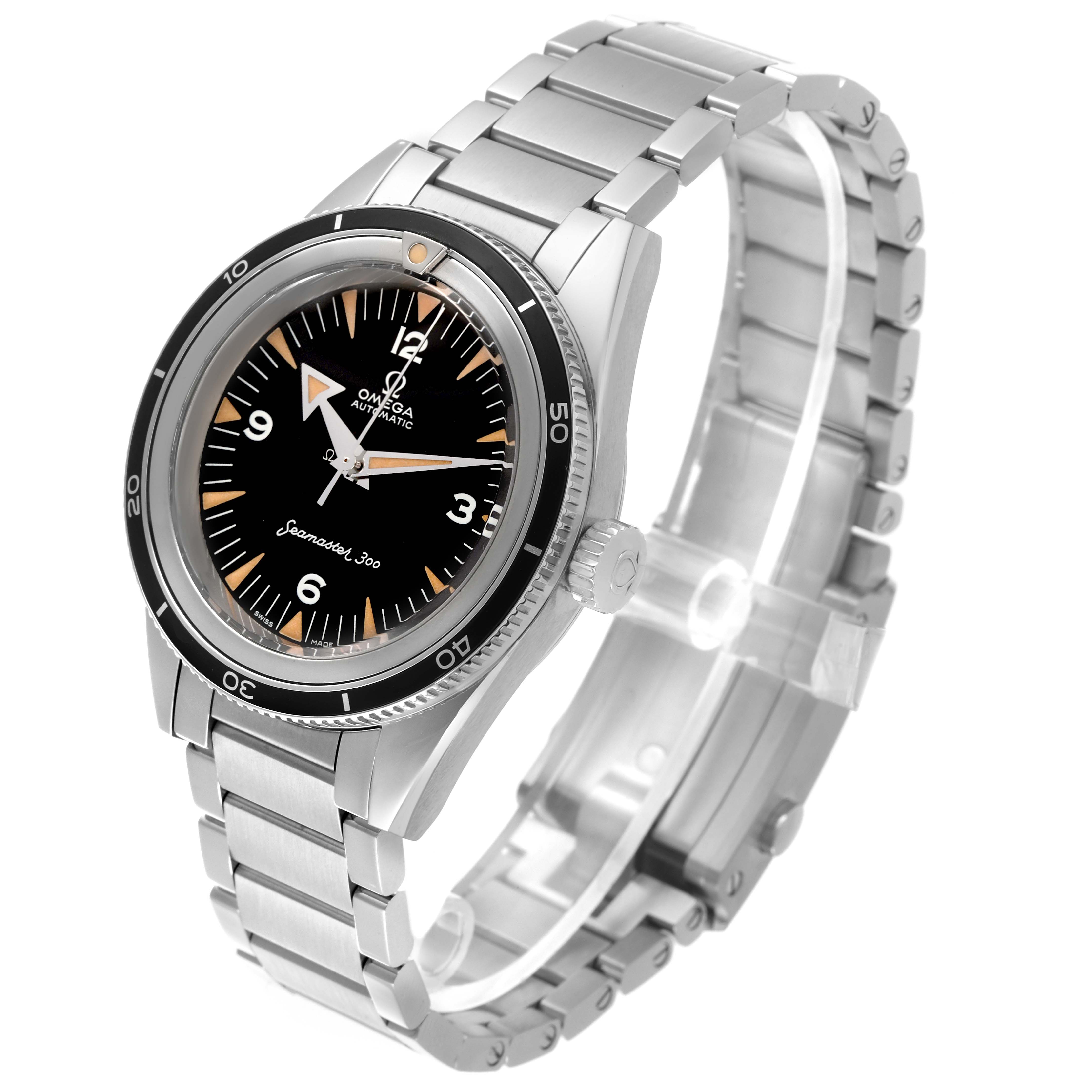 The Omega Seamaster 234.10.39.20.01.001 Men
s Stainless Steel Black Dial 234.10.39.20.01.001 Men
s Stainless Steel Black Dial watch is shown at a three-quarter angle, highlighting the dial, bezel, crown, and bracelet.