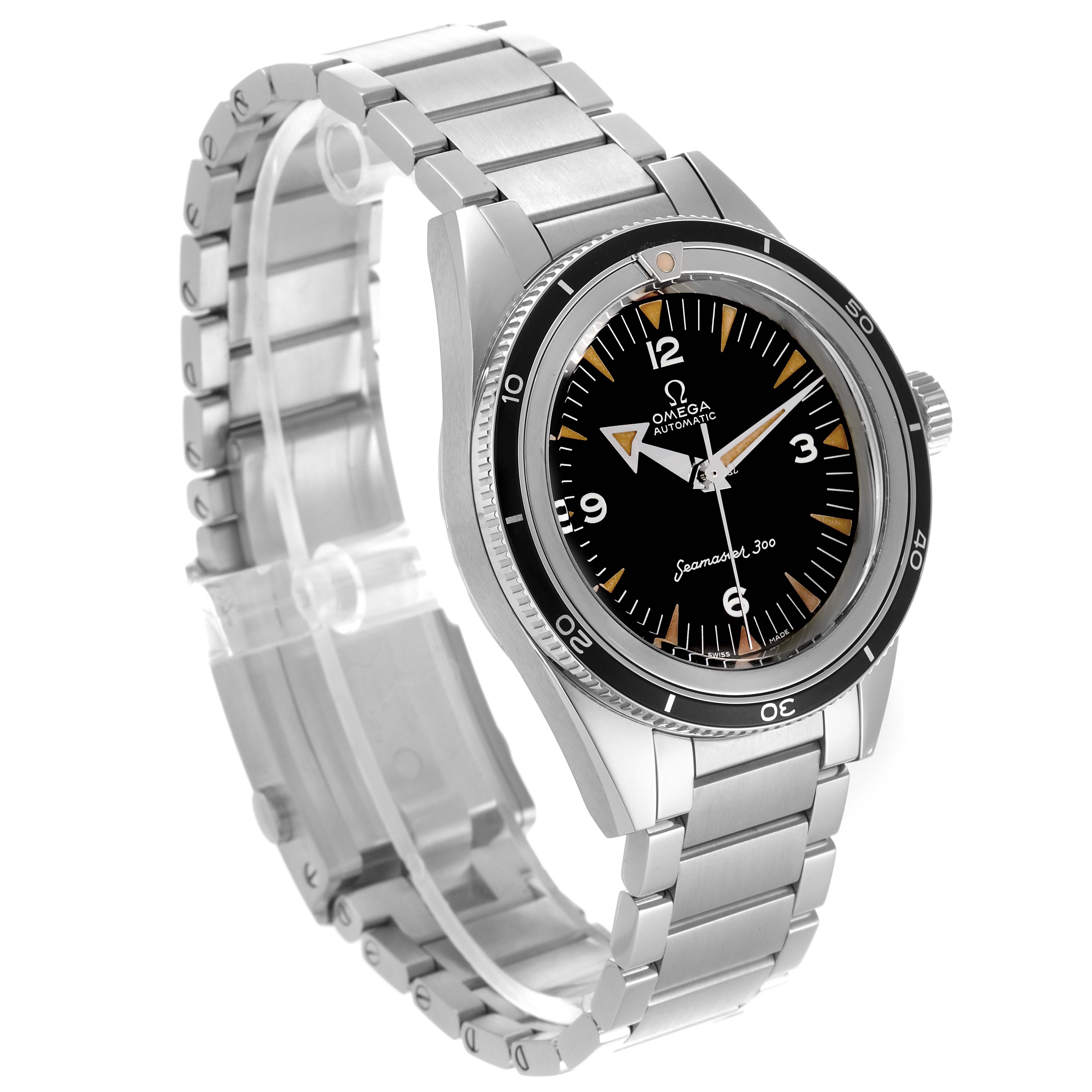 The Omega Seamaster 234.10.39.20.01.001 Men
s Stainless Steel Black Dial 234.10.39.20.01.001 Men
s Stainless Steel Black Dial watch is shown at a three-quarter angle, displaying the face, bezel, crown, and bracelet.