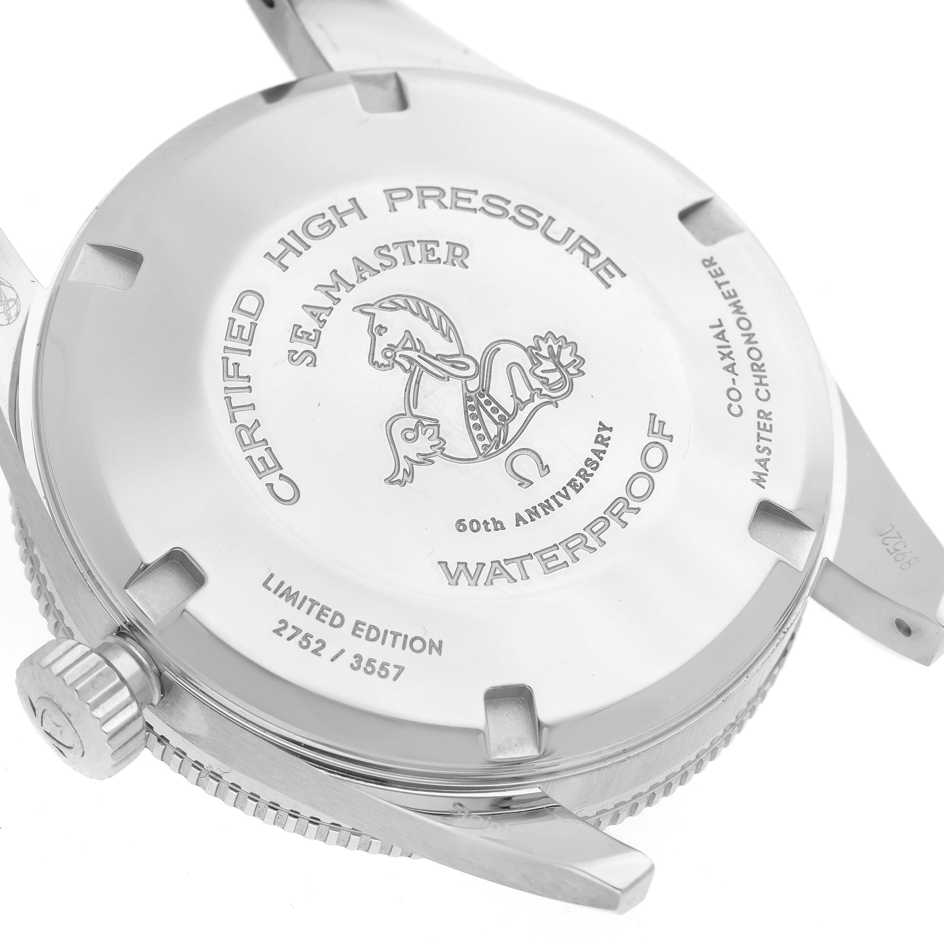 The image shows the back of the Omega Seamaster 234.10.39.20.01.001 Men
s Stainless Steel Black Dial 234.10.39.20.01.001 Men
s Stainless Steel Black Dial watch, highlighting the engraved details and limited edition number.