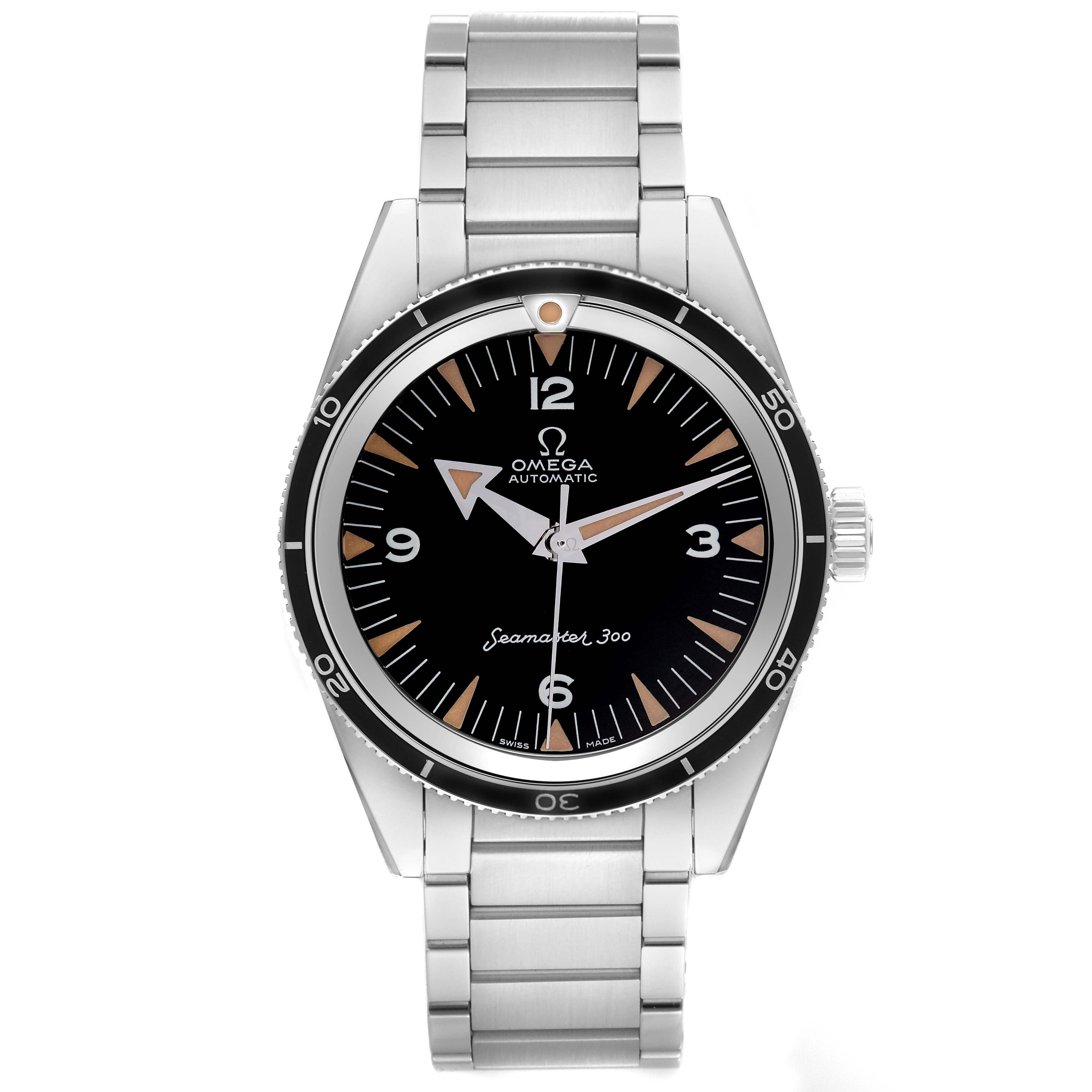The image shows a front view of the Omega Seamaster 234.10.39.20.01.001 Men
s Stainless Steel Black Dial 234.10.39.20.01.001 Men
s Stainless Steel Black Dial 300, highlighting its dial, bezel, and bracelet.