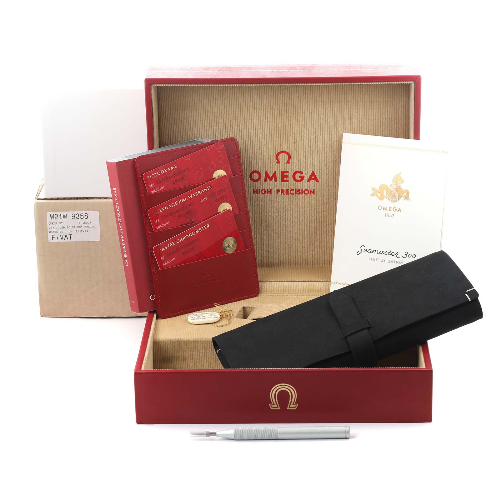 The image shows an Omega Seamaster 234.10.39.20.01.001 Men
s Stainless Steel Black Dial 234.10.39.20.01.001 Men
s Stainless Steel Black Dial 300 box set with warranty cards, a pouch, and a manual.