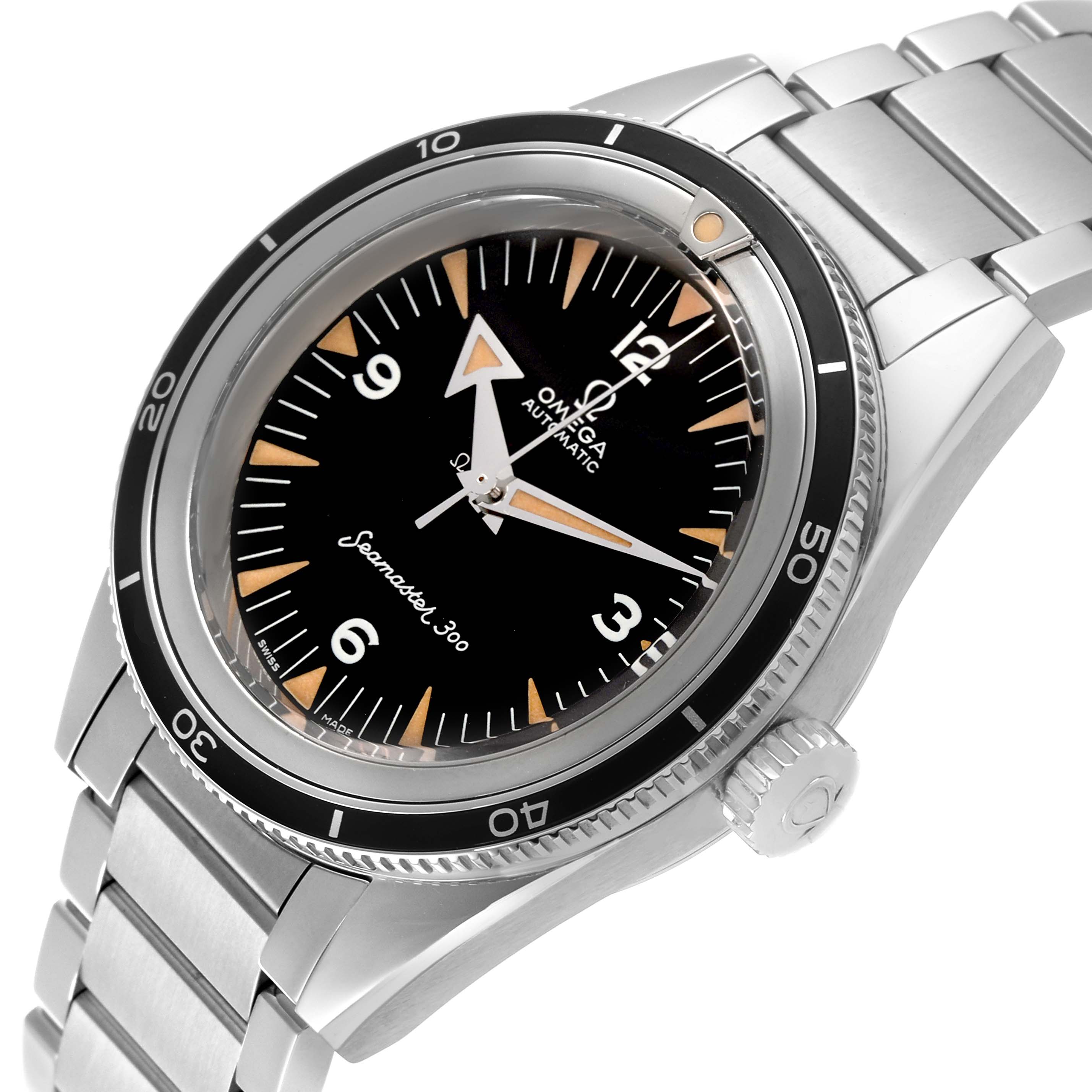 The Omega Seamaster 234.10.39.20.01.001 Men
s Stainless Steel Black Dial 234.10.39.20.01.001 Men
s Stainless Steel Black Dial watch is shown at a slight angle, featuring the dial, bezel, bracelet, and crown.