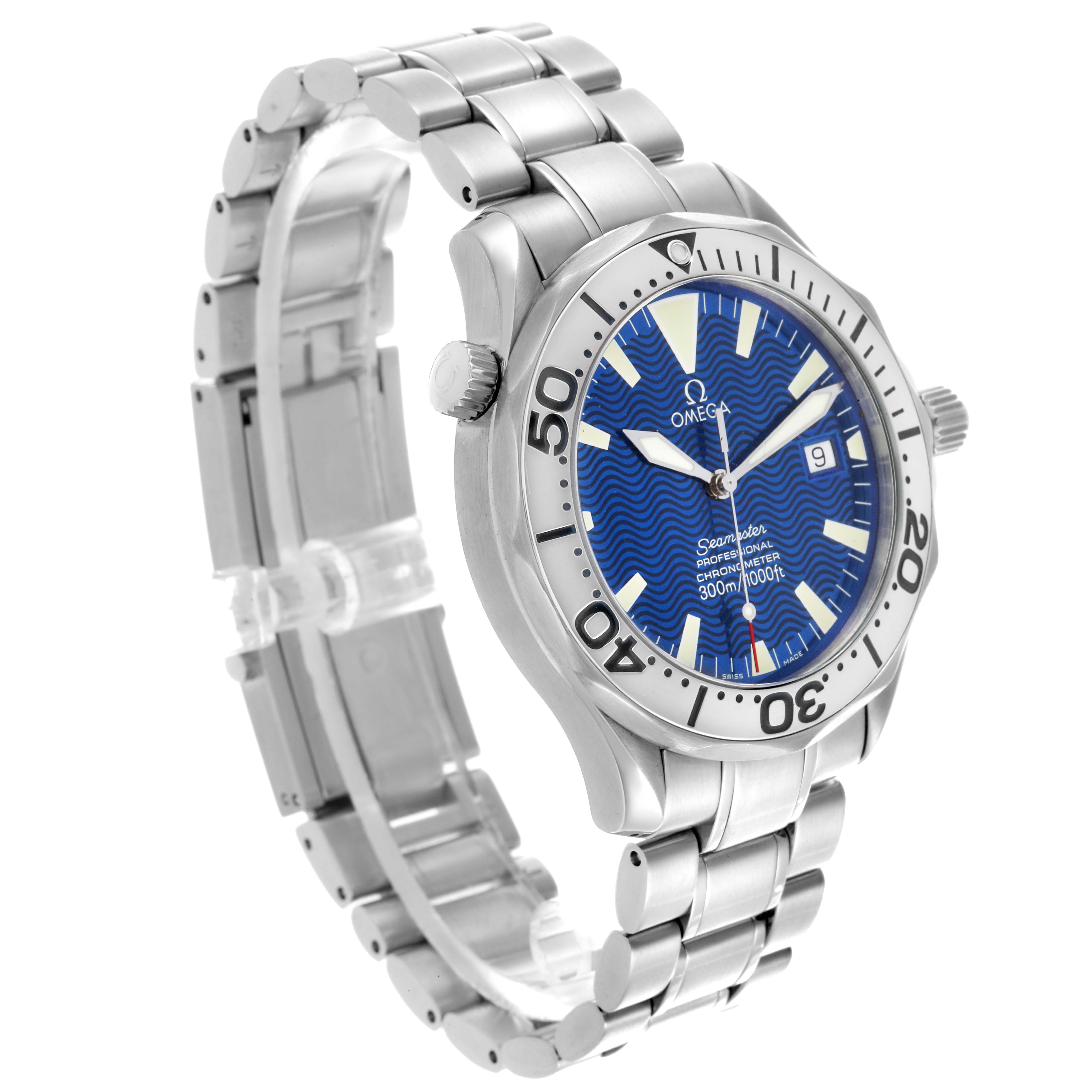 The Omega Seamaster 2255.80.00 Men
s Stainless Steel Blue Dial 2255.80.00 Men
s Stainless Steel Blue Dial watch is shown at a slight angle, highlighting the face, bezel, crown, and bracelet.