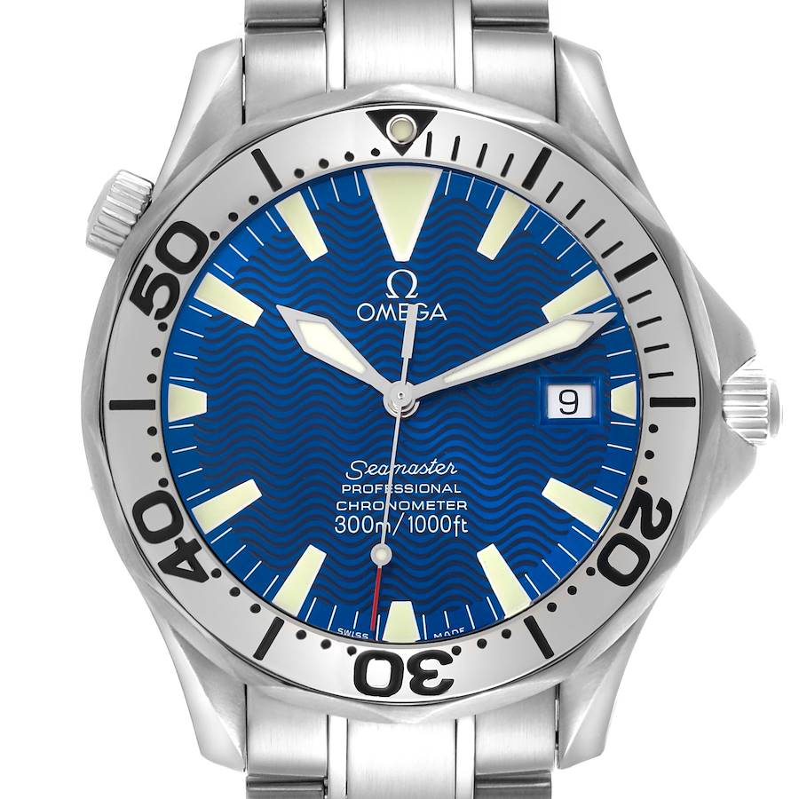 The image shows a front view of the Omega Seamaster watch, highlighting the dial, bezel, and bracelet.