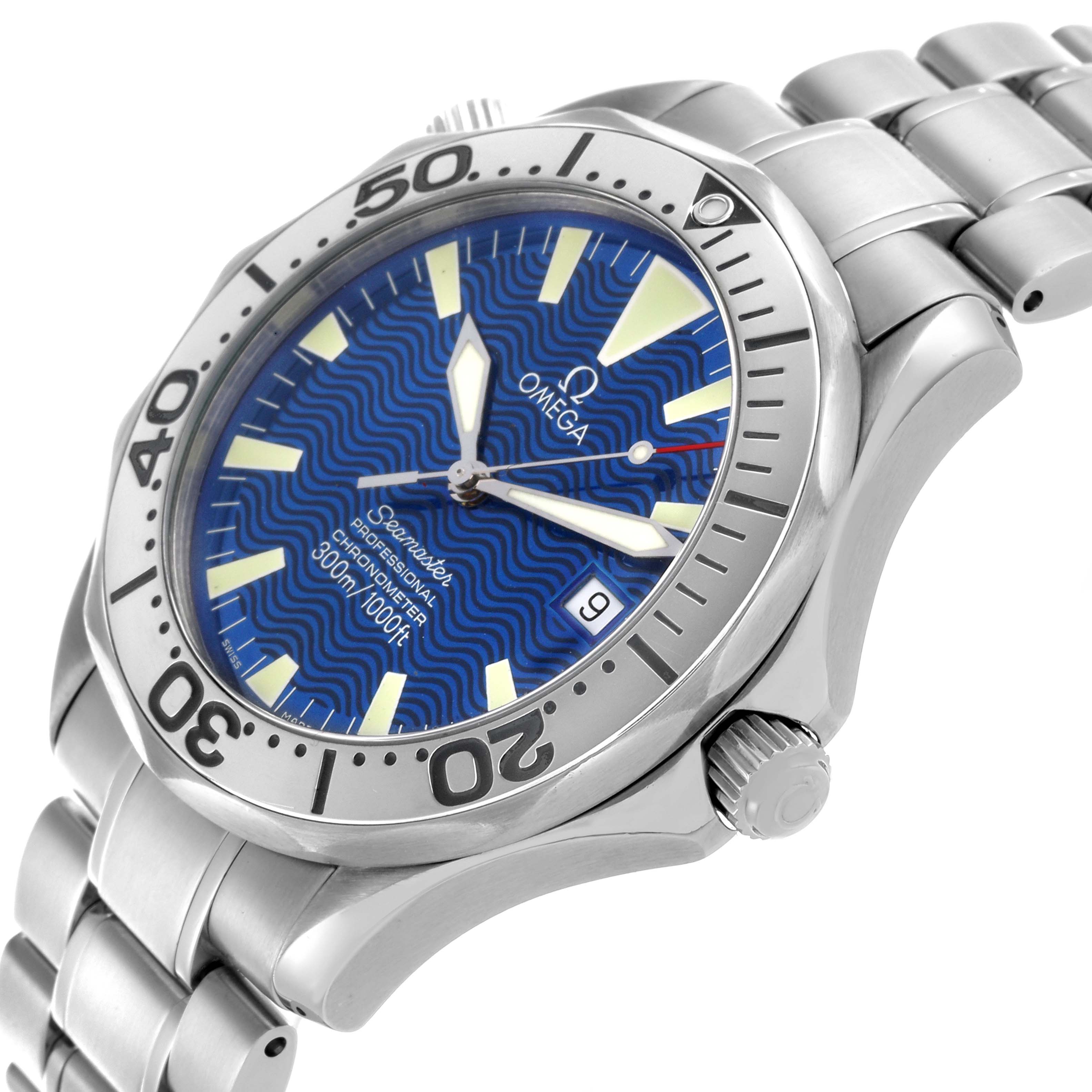The Omega Seamaster 2255.80.00 Men
s Stainless Steel Blue Dial 2255.80.00 Men
s Stainless Steel Blue Dial watch is shown from a slight angle displaying the face, bezel, crown, and part of the bracelet.