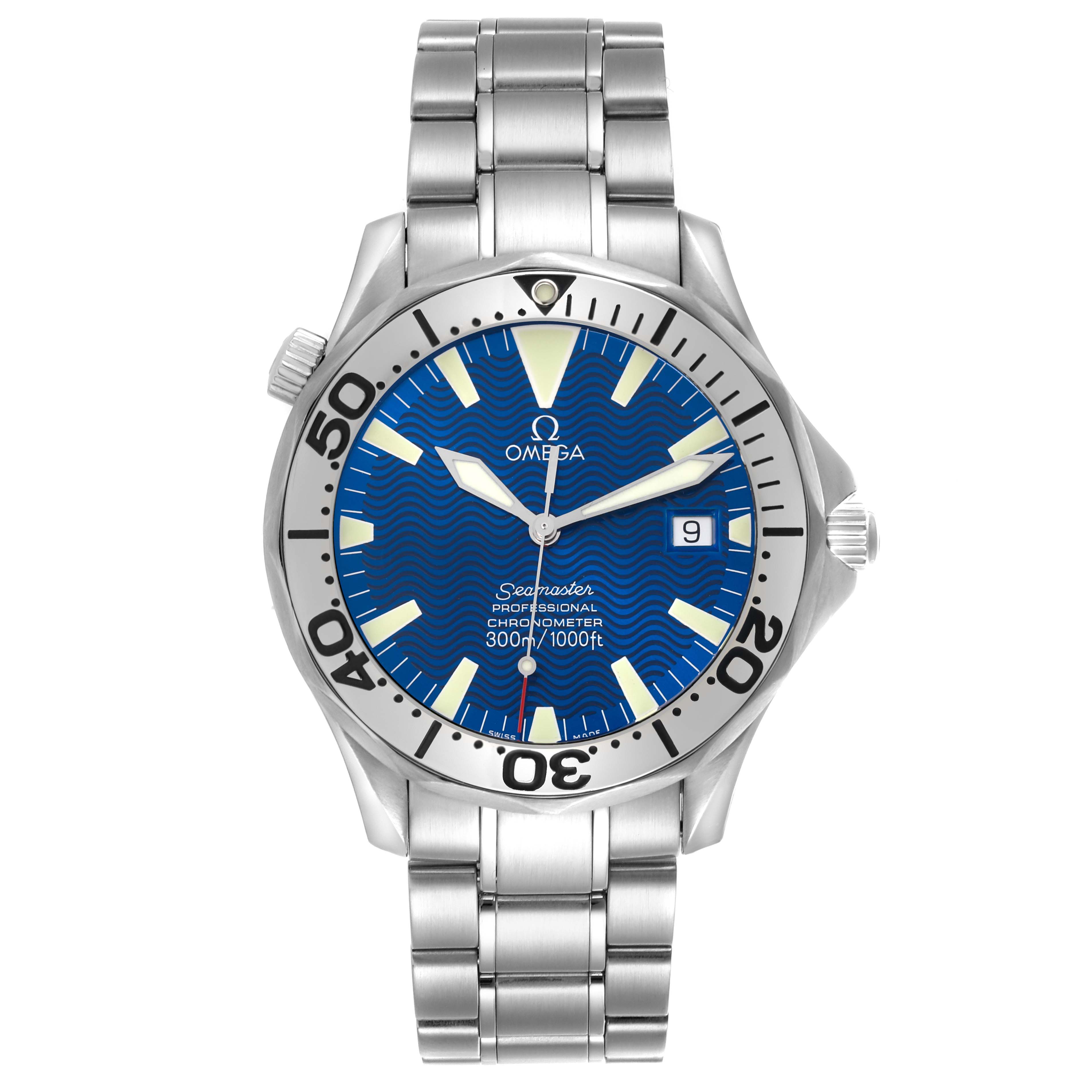 The Omega Seamaster 2255.80.00 Men
s Stainless Steel Blue Dial 2255.80.00 Men
s Stainless Steel Blue Dial watch is shown from the front, displaying the face, bezel, crown, and bracelet.