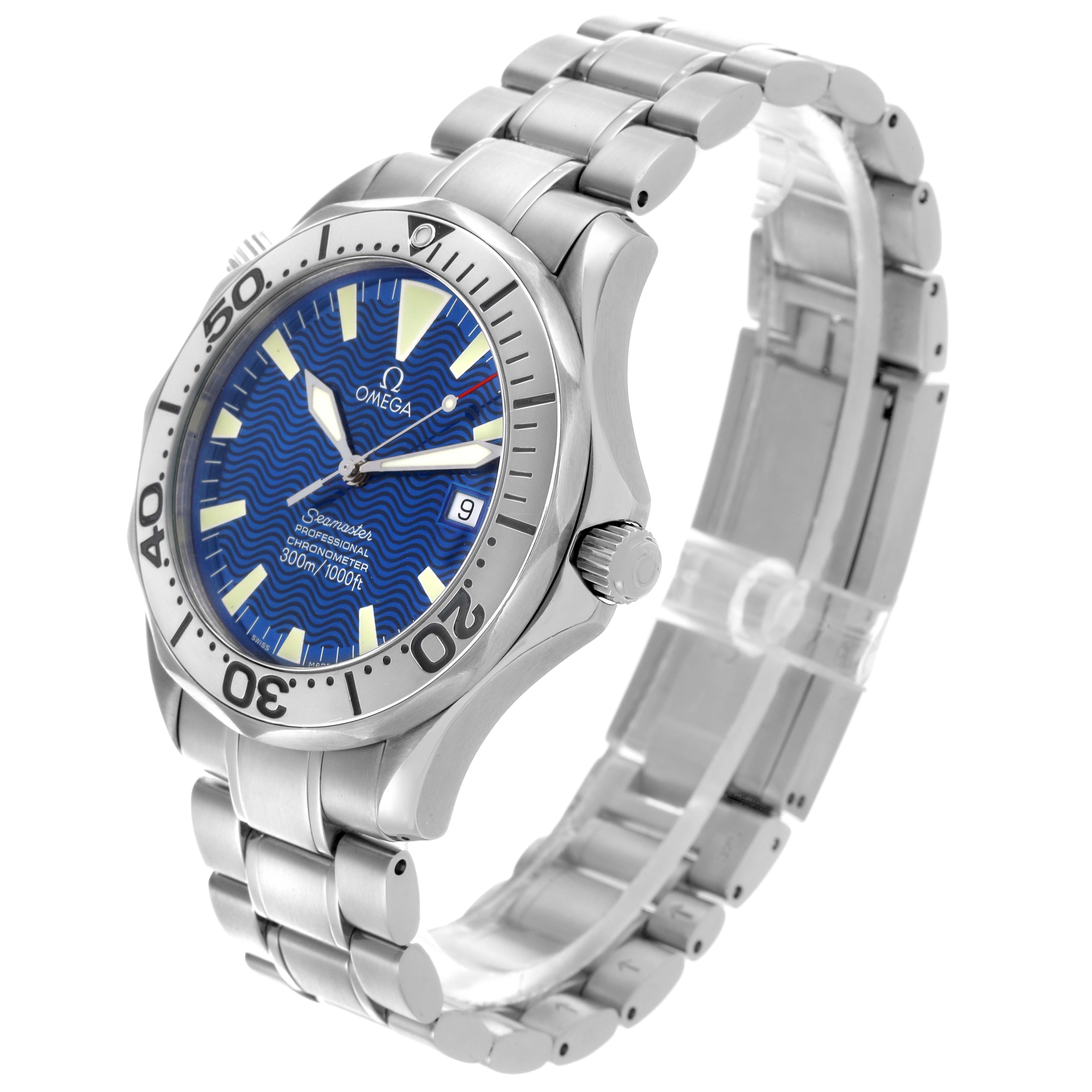 The Omega Seamaster 2255.80.00 Men
s Stainless Steel Blue Dial 2255.80.00 Men
s Stainless Steel Blue Dial watch is shown at a three-quarter angle, highlighting the face, bezel, crown, and metal bracelet.