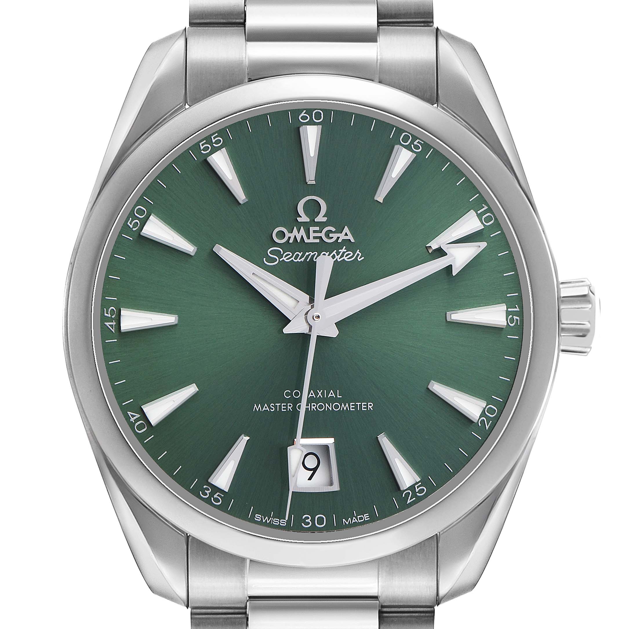 The Omega Aqua Terra 220.10.38.20.10.002 Men's Stainless Steel Green Dial watch is shown from a front angle, highlighting its green dial and metal bracelet.