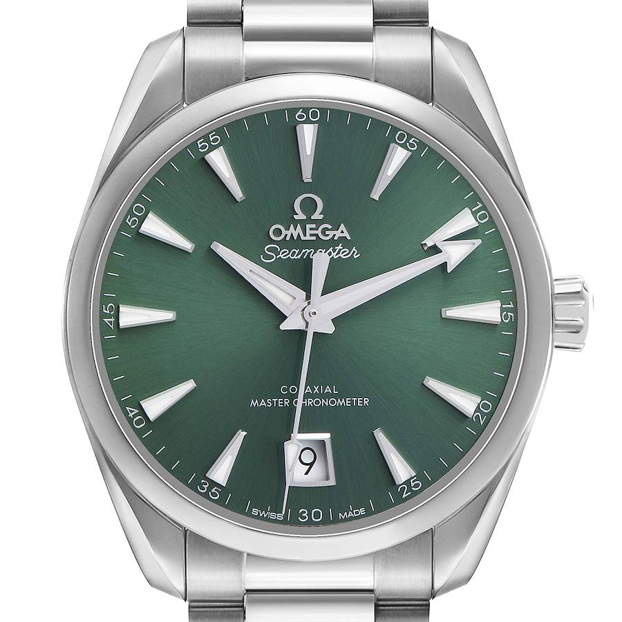 The Omega Aqua Terra 220.10.38.20.10.002 Men's Stainless Steel Green Dial watch is shown from a front angle, highlighting its green dial and metal bracelet.