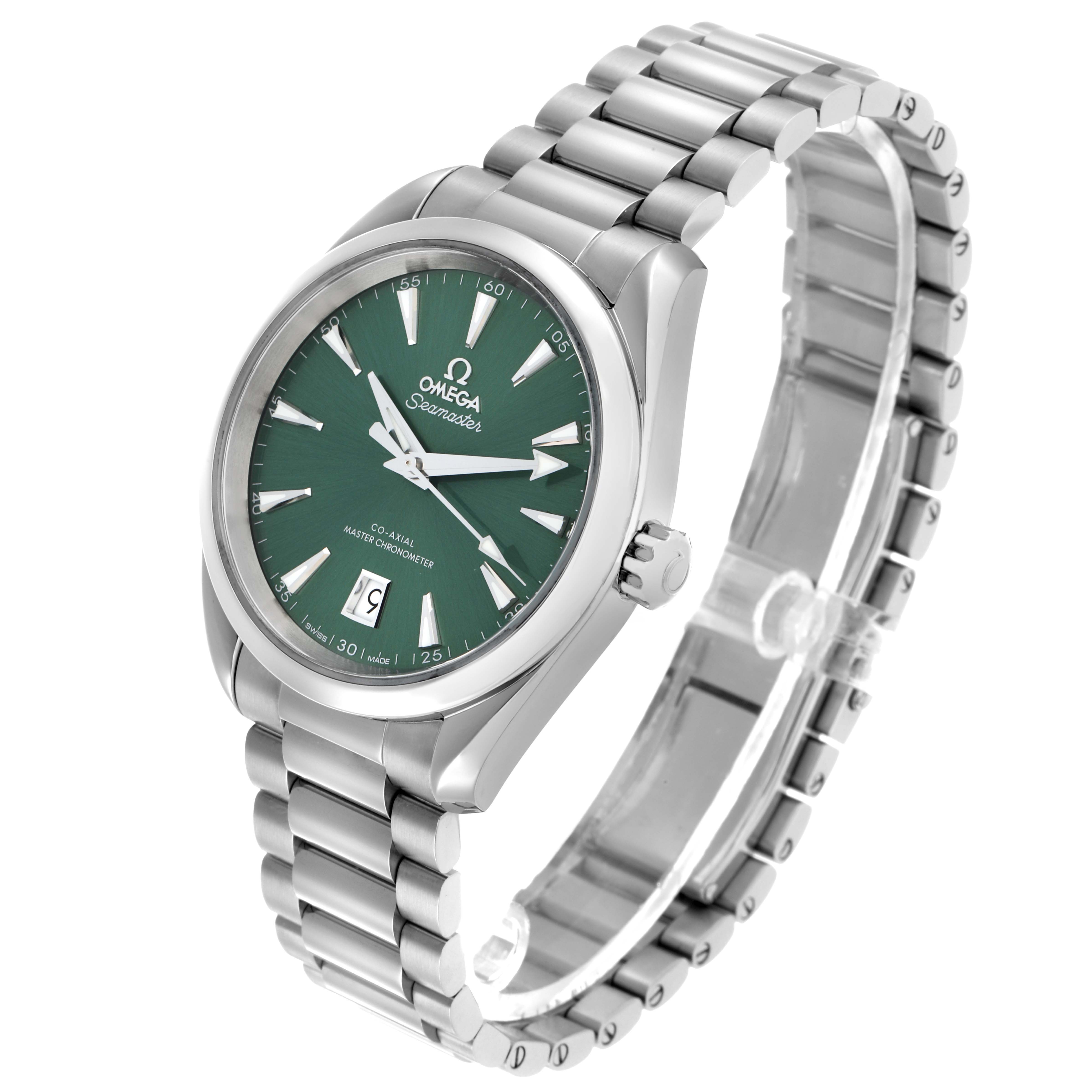 The Omega Aqua Terra 220.10.38.20.10.002 Men's Stainless Steel Green Dial watch is shown at a three-quarter angle, displaying the green dial, silver bracelet, and clasp.