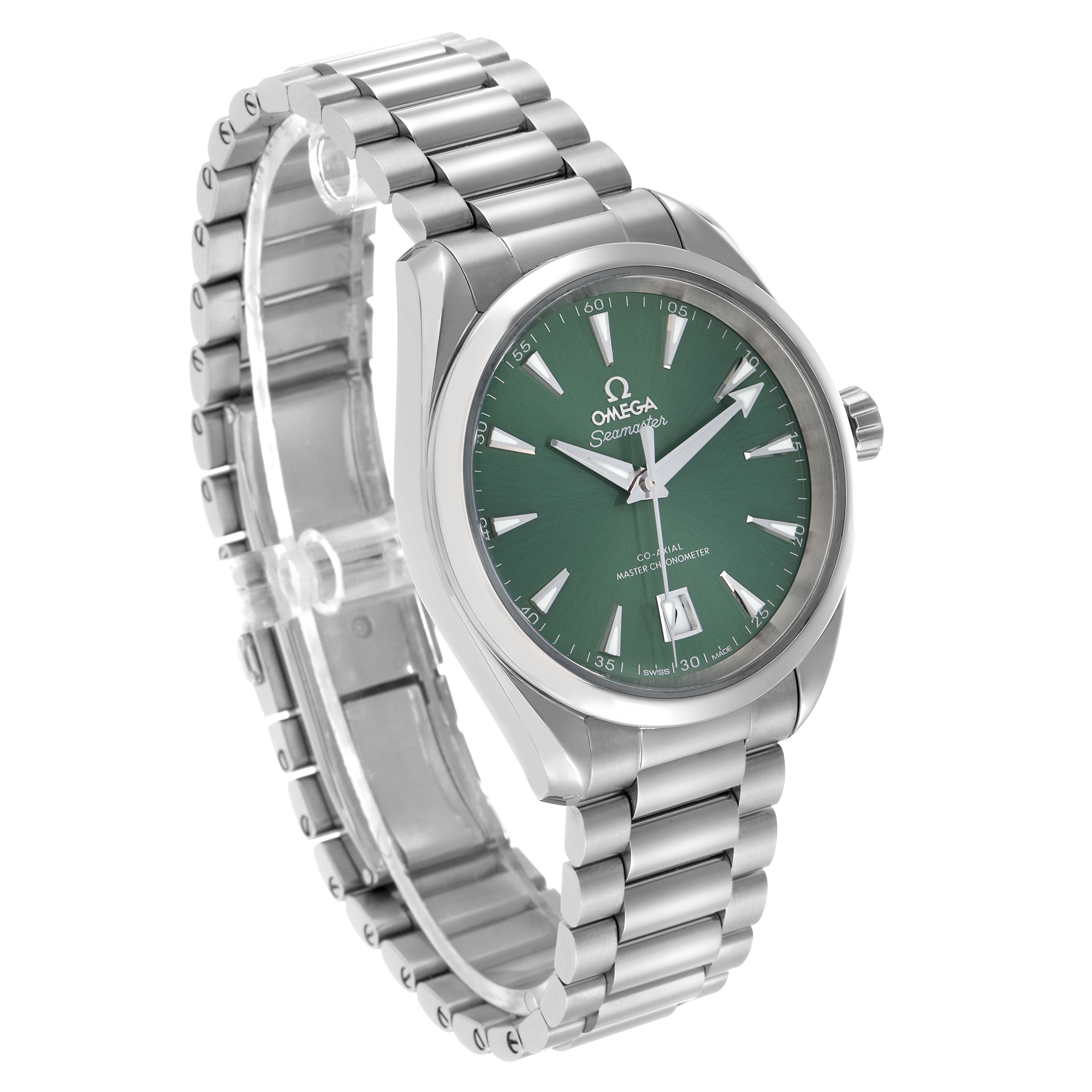 The Omega Aqua Terra 220.10.38.20.10.002 Men's Stainless Steel Green Dial watch is shown at a three-quarter angle, displaying its green dial, stainless steel case, and bracelet.