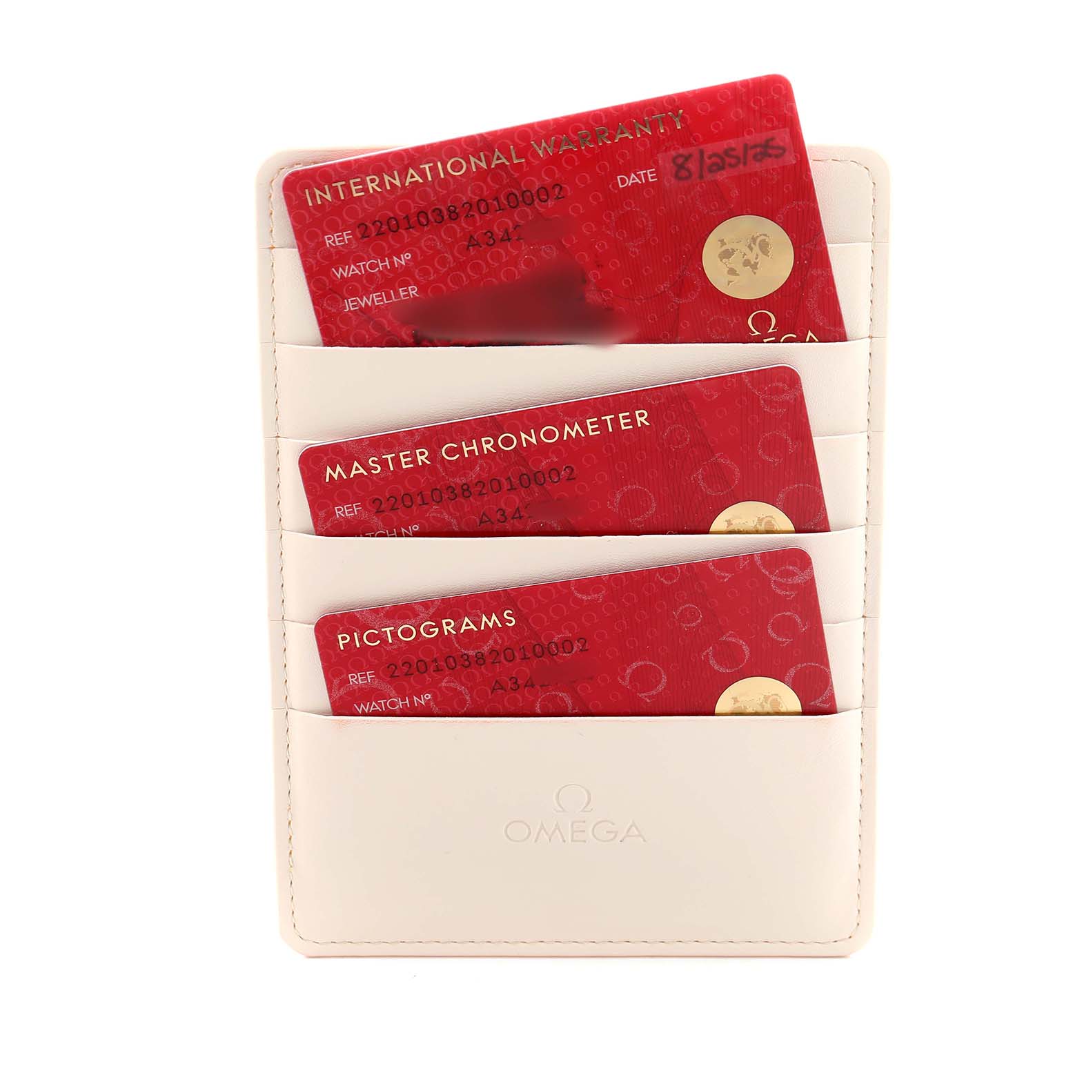 The image shows the warranty and certification cards for an Omega Aqua Terra 220.10.38.20.10.002 Men's Stainless Steel Green Dial watch in a cardholder.