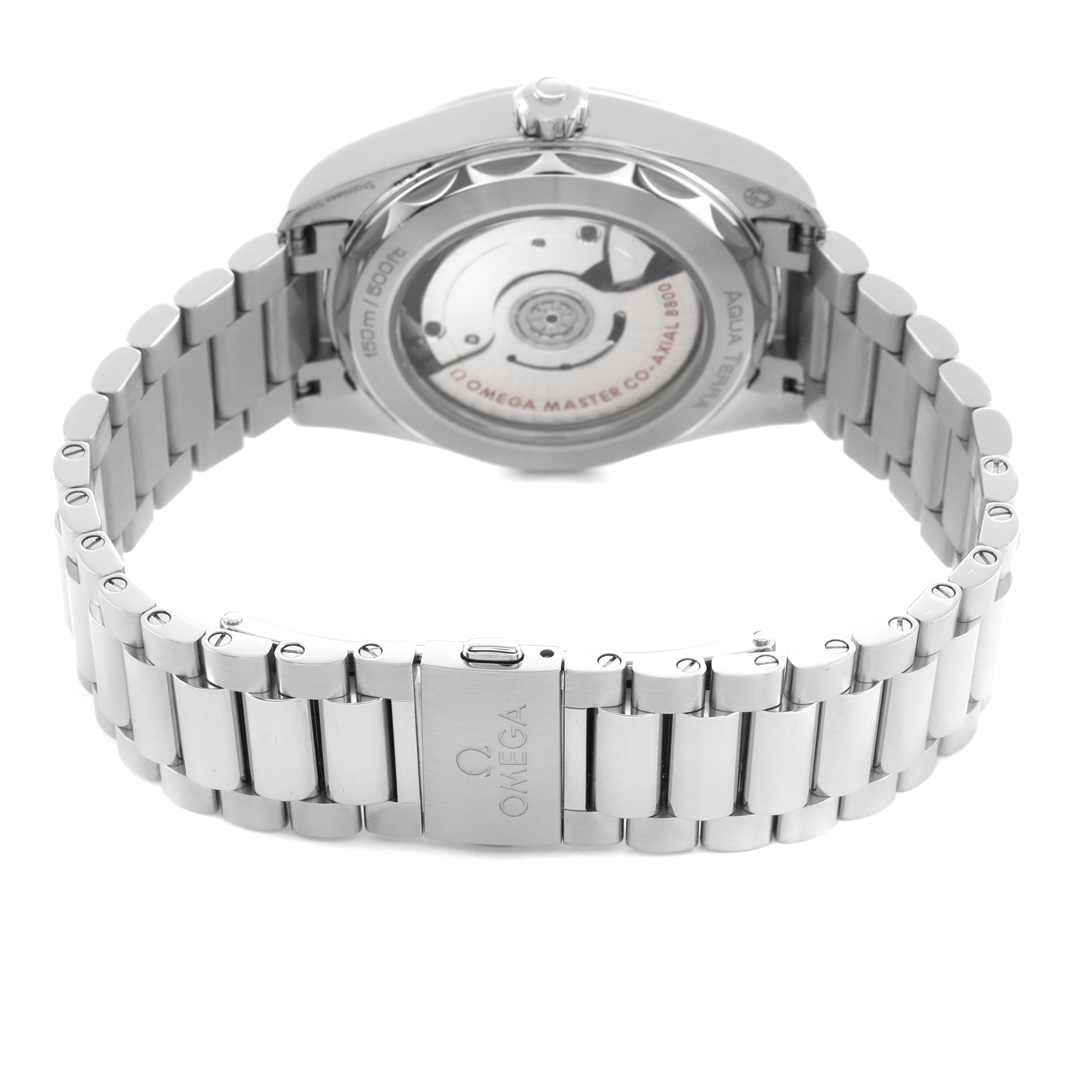 The image shows the back and bracelet of the Omega Aqua Terra 220.10.38.20.10.002 Men's Stainless Steel Green Dial watch, highlighting the case back and clasp.