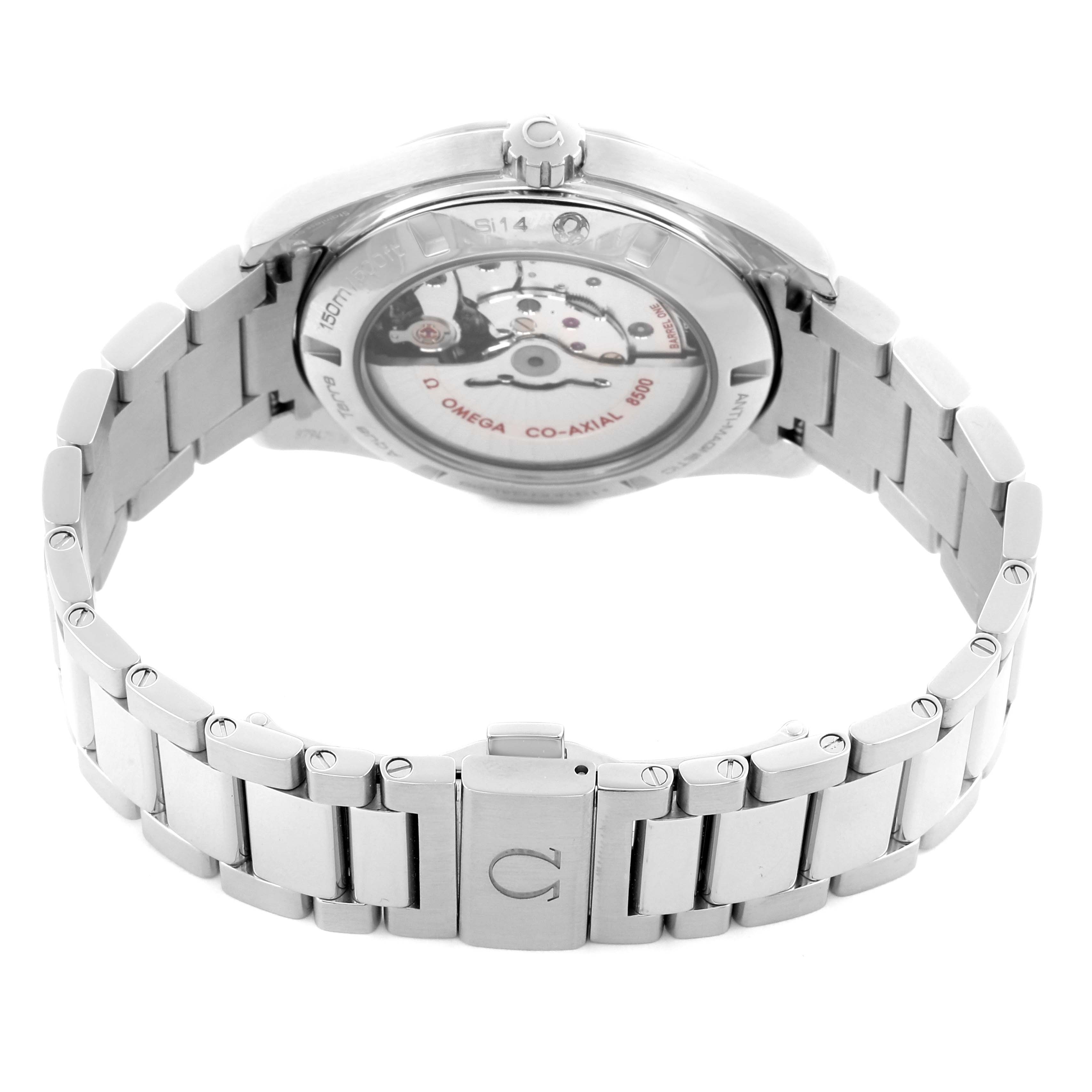 The image shows the back and bracelet of the Omega Aqua Terra 231.10.42.21.01.003 Men's Stainless Steel Black Dial 231.10.42.21.01.003 Men's Stainless Steel Black Dial watch, highlighting the movement through the transparent case back.