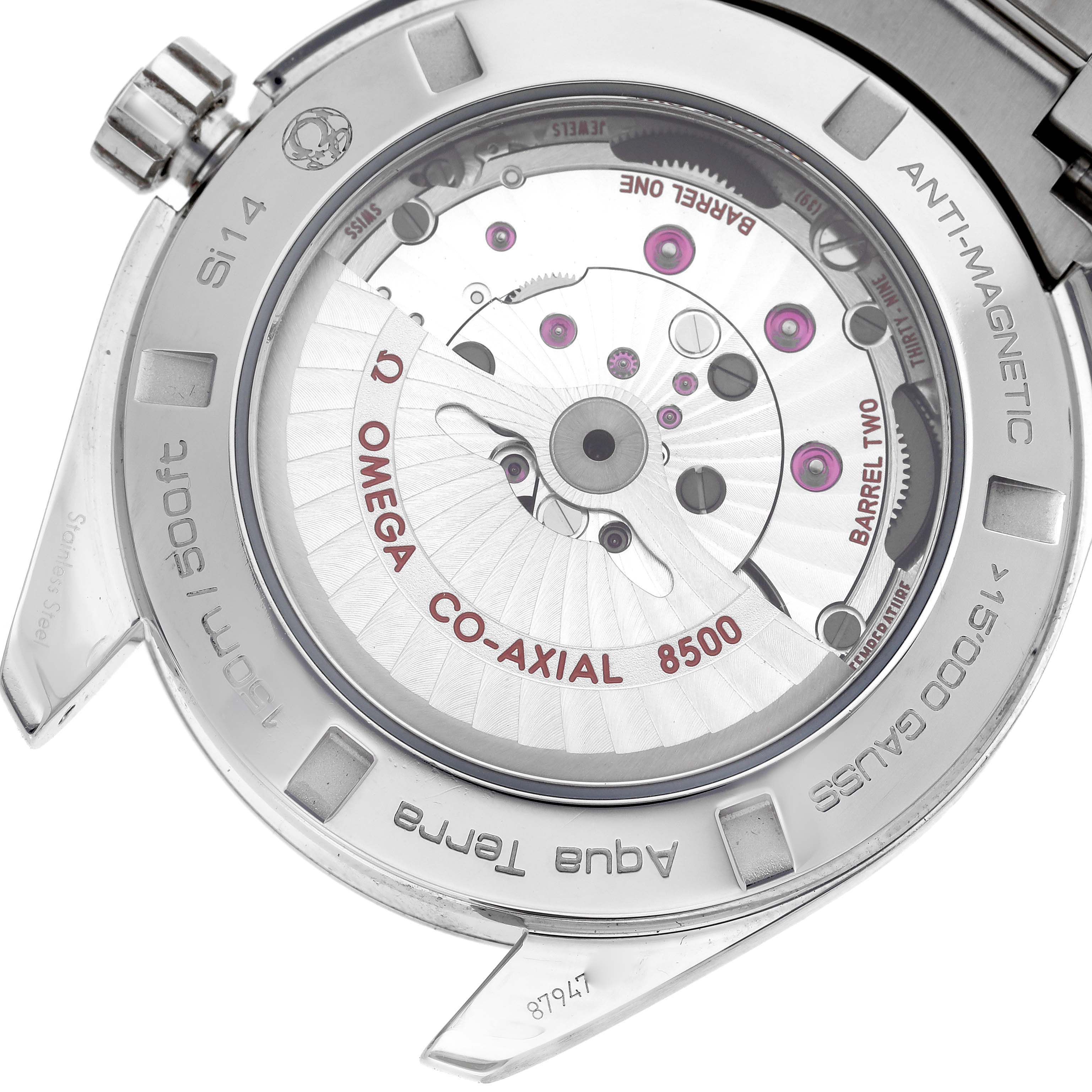 The image shows the back of the Omega Aqua Terra 231.10.42.21.01.003 Men's Stainless Steel Black Dial 231.10.42.21.01.003 Men's Stainless Steel Black Dial watch, highlighting its Co-Axial 8500 movement.