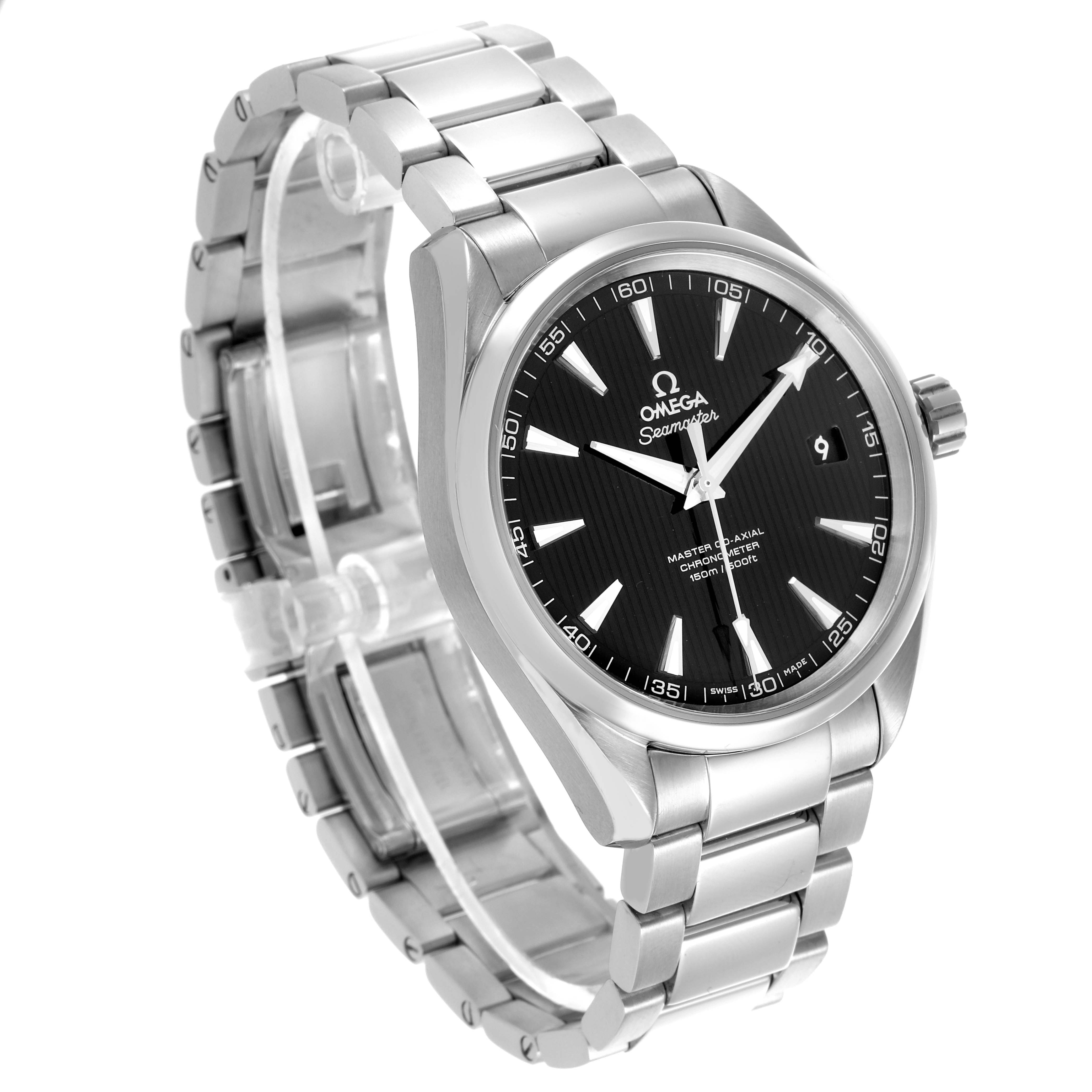 The Omega Aqua Terra 231.10.42.21.01.003 Men's Stainless Steel Black Dial 231.10.42.21.01.003 Men's Stainless Steel Black Dial watch is shown at an angled view featuring the face, stainless steel bracelet, and crown.