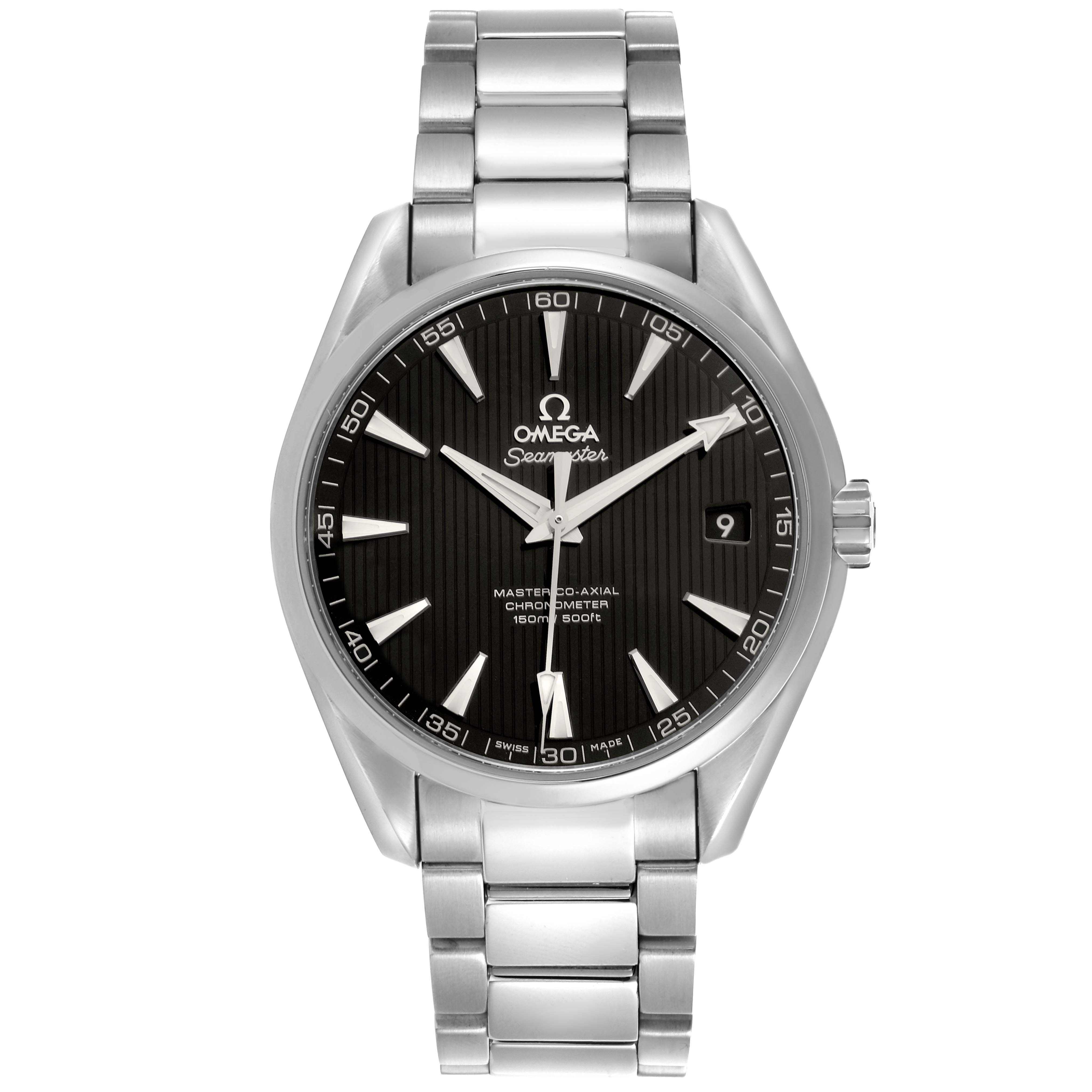 The Omega Aqua Terra 231.10.42.21.01.003 Men's Stainless Steel Black Dial 231.10.42.21.01.003 Men's Stainless Steel Black Dial watch is shown from the front, displaying the dial, hands, and bracelet links.