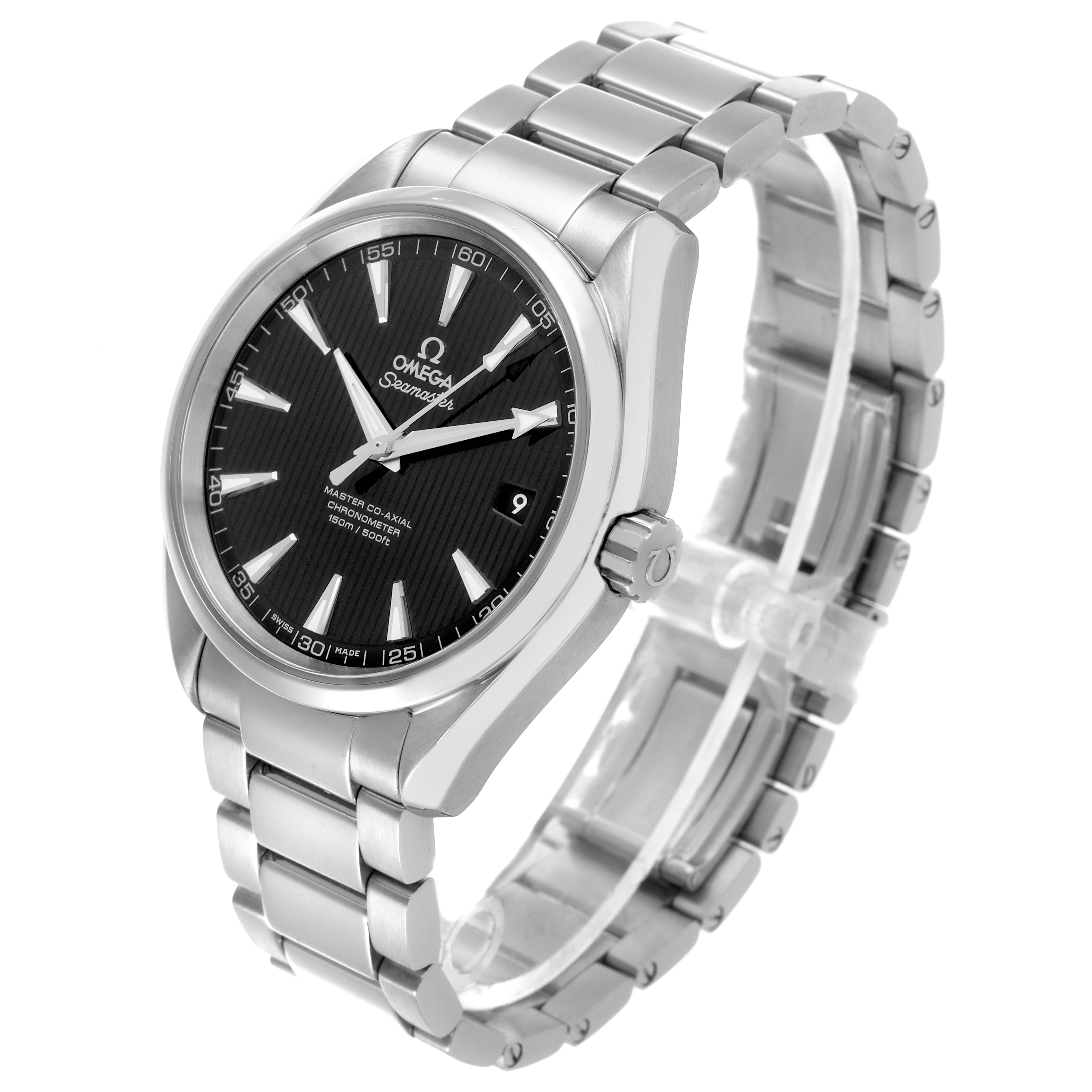 The Omega Aqua Terra 231.10.42.21.01.003 Men's Stainless Steel Black Dial 231.10.42.21.01.003 Men's Stainless Steel Black Dial watch is shown at a three-quarter angle, highlighting the face, case, and bracelet.