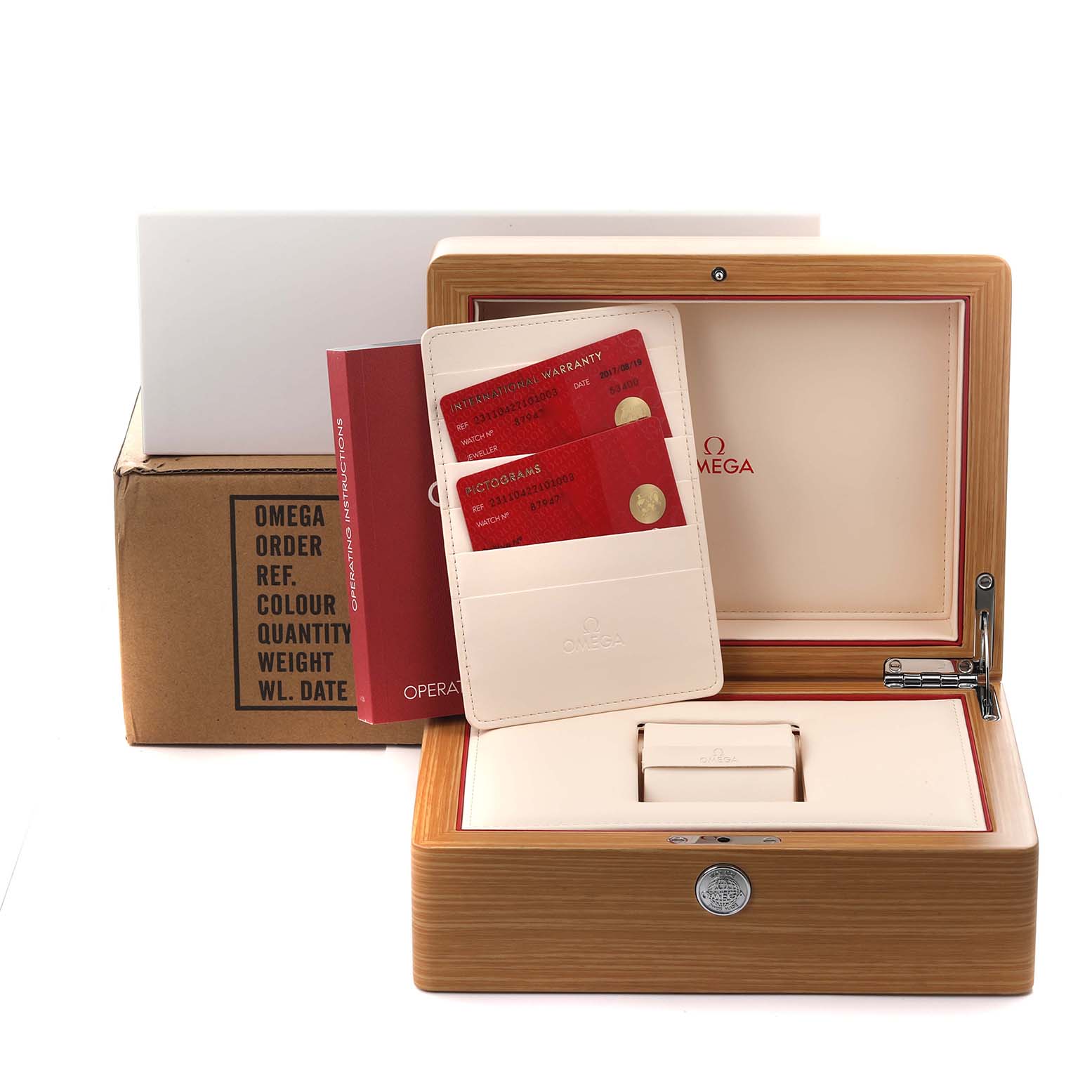 The image shows an Omega Aqua Terra 231.10.42.21.01.003 Men's Stainless Steel Black Dial 231.10.42.21.01.003 Men's Stainless Steel Black Dial watch box with warranty cards, an instruction book, and the outer packaging.