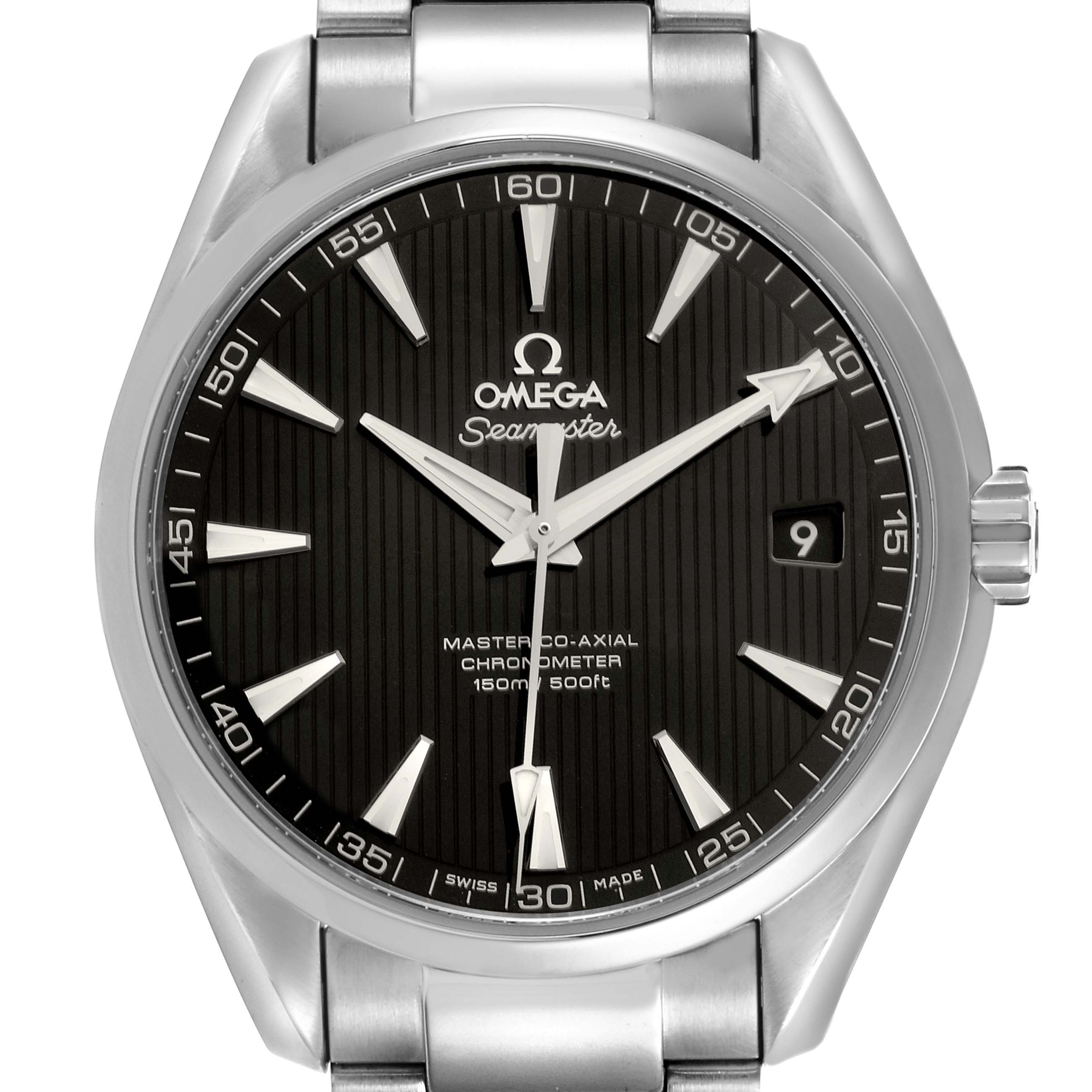 The Omega Aqua Terra 231.10.42.21.01.003 Men's Stainless Steel Black Dial 231.10.42.21.01.003 Men's Stainless Steel Black Dial watch is shown from the front, displaying the dial, hands, date window, and part of the bracelet.
