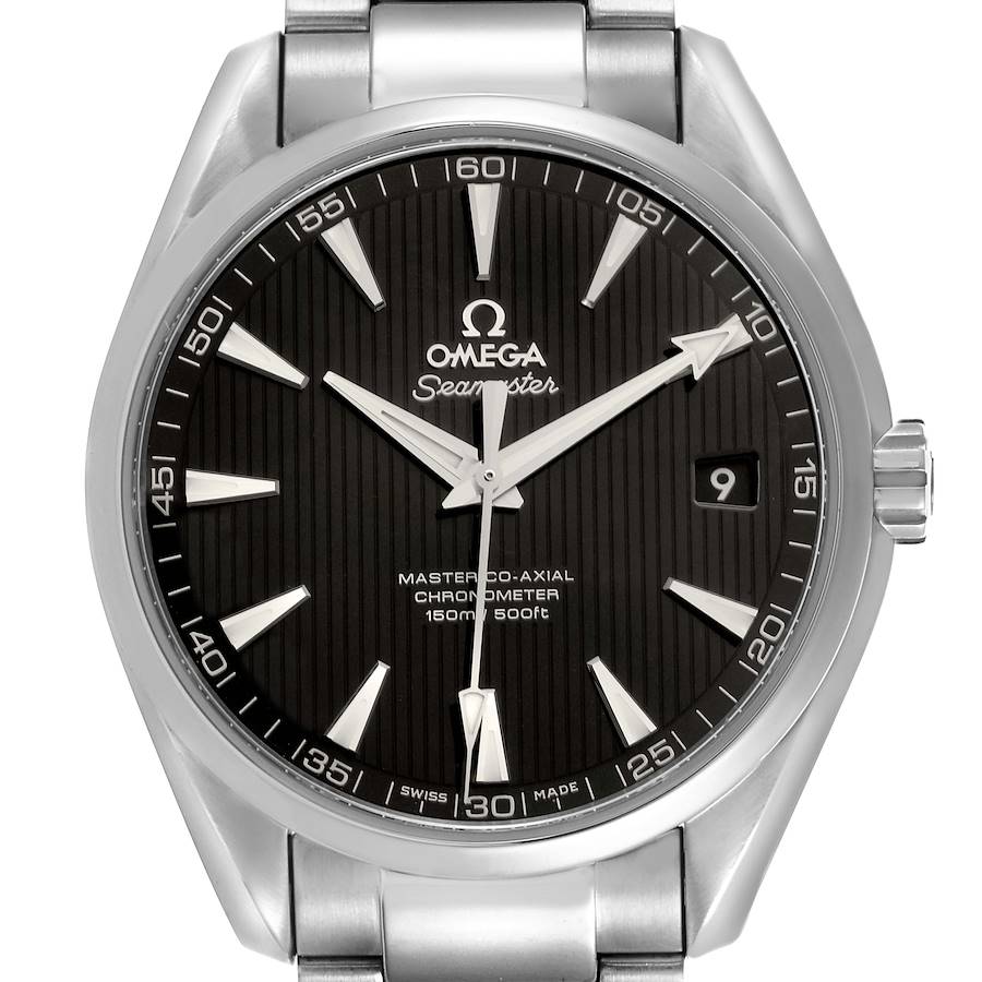 The Omega Aqua Terra watch is shown from the front, displaying the dial, hands, date window, and part of the bracelet.