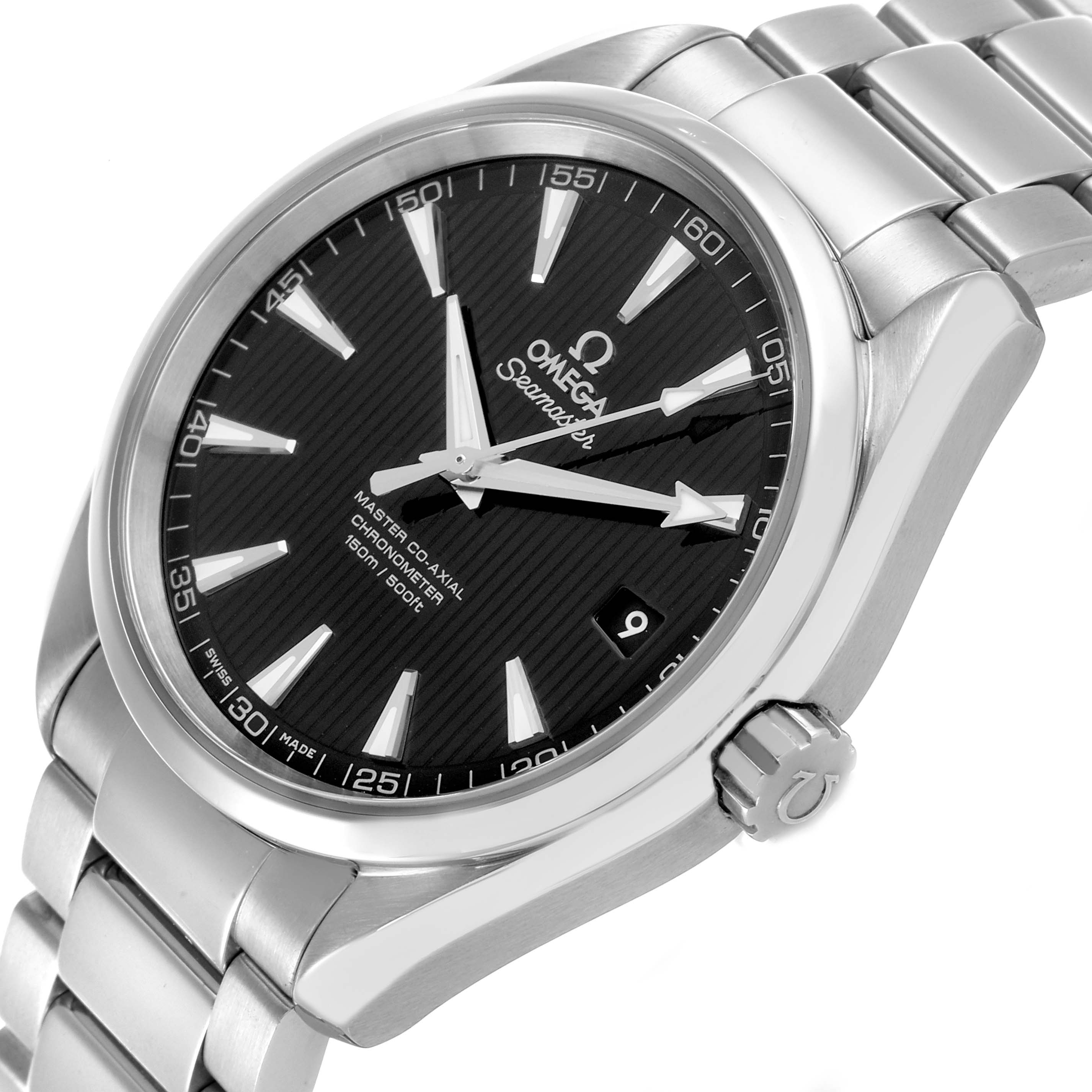 The Omega Aqua Terra 231.10.42.21.01.003 Men's Stainless Steel Black Dial 231.10.42.21.01.003 Men's Stainless Steel Black Dial watch is shown from a side angle, displaying the face, crown, and metal bracelet.