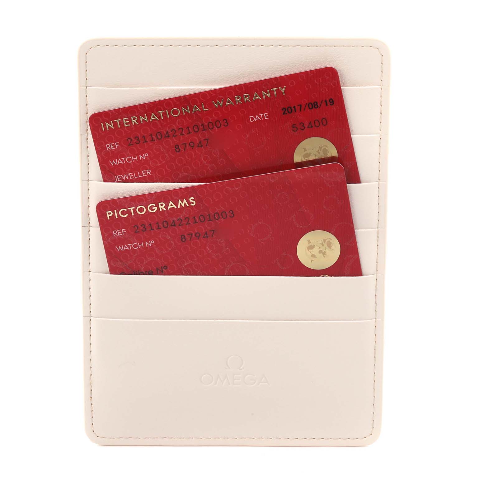 The image shows Omega Aqua Terra 231.10.42.21.01.003 Men's Stainless Steel Black Dial 231.10.42.21.01.003 Men's Stainless Steel Black Dial warranty and pictogram cards in a white cardholder, photographed from the front.