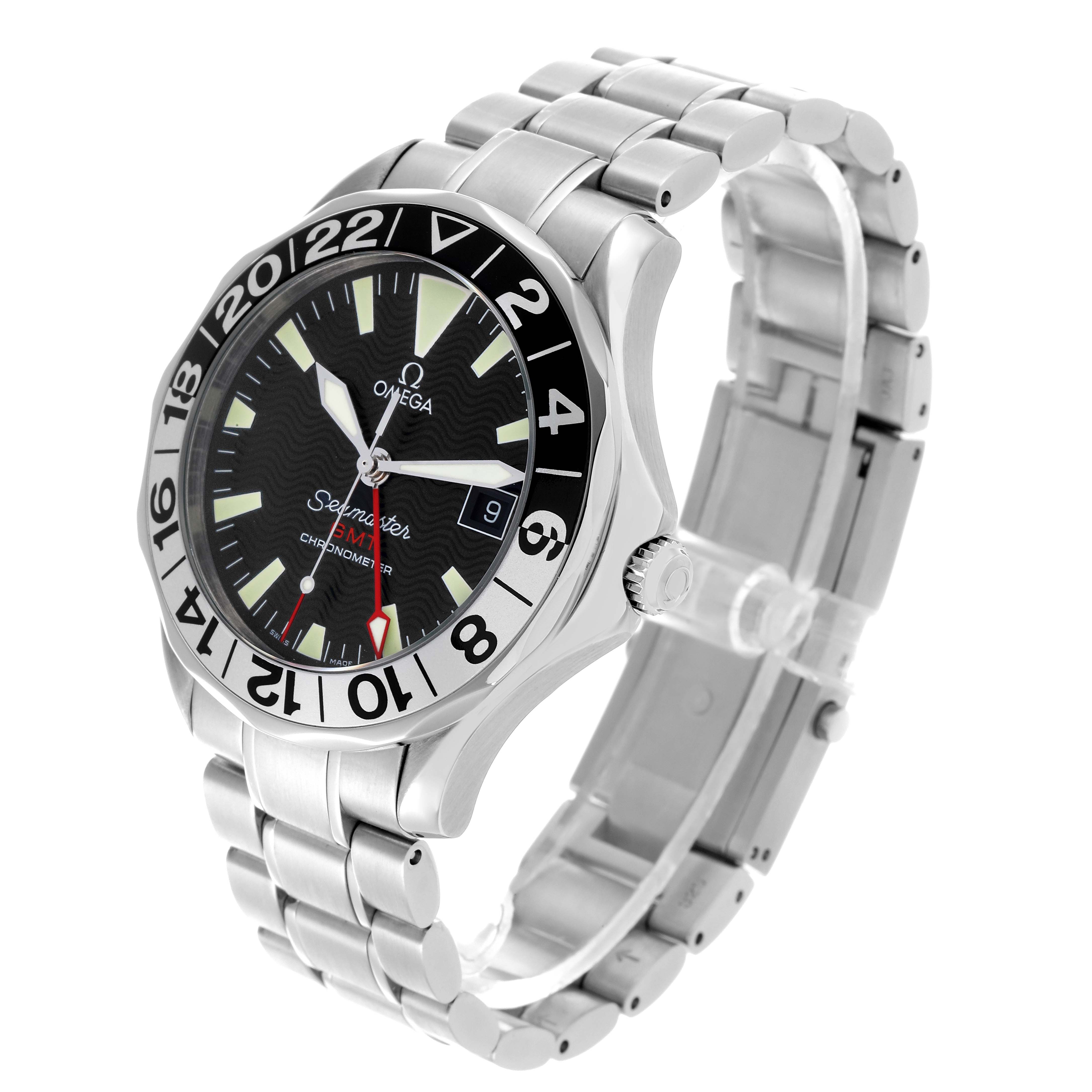 The Omega Seamaster 2234.50.00 Men
s Stainless Steel Black Dial 2234.50.00 Men
s Stainless Steel Black Dial is shown at a slight angle, highlighting the face, bezel, crown, and metal bracelet.