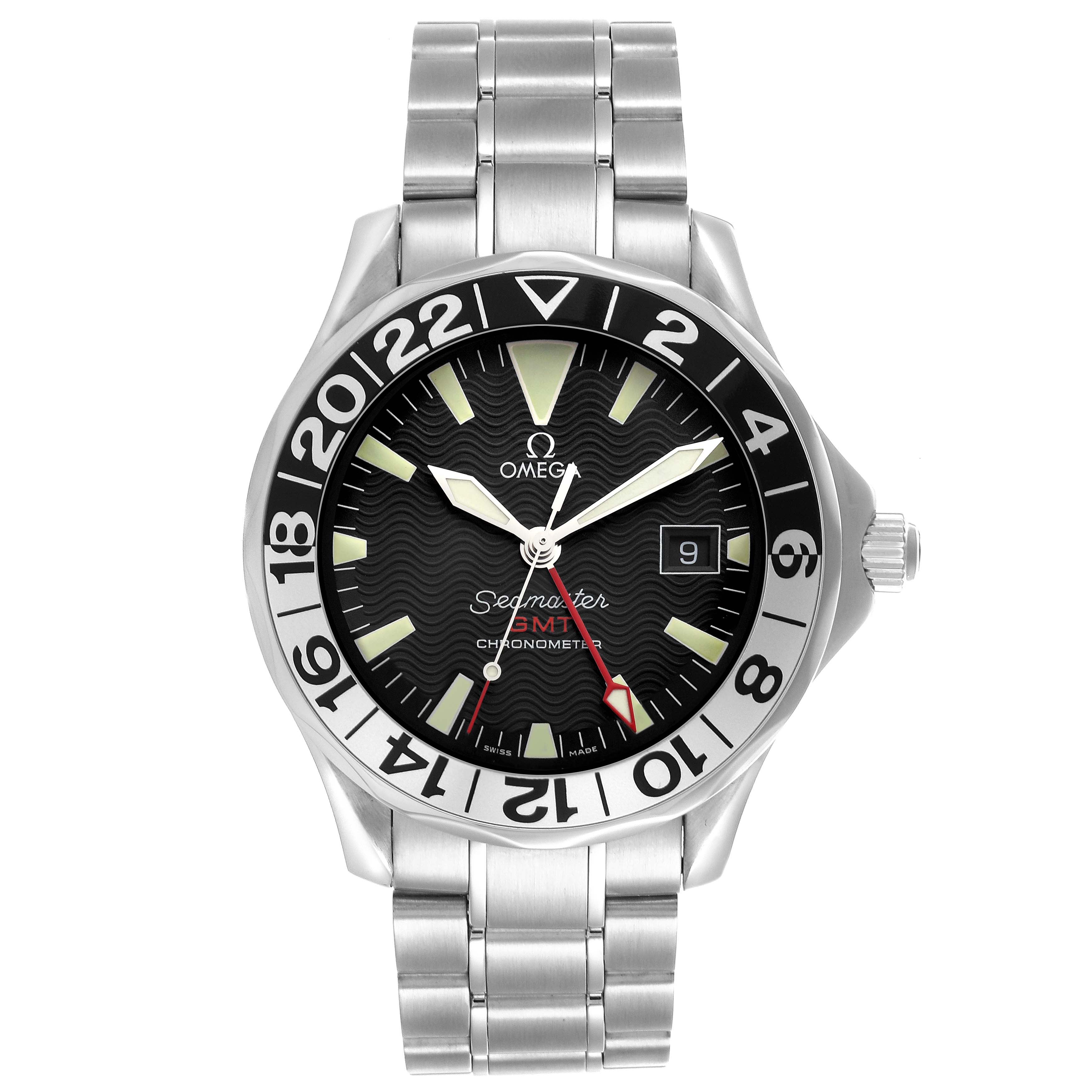 The Omega Seamaster 2234.50.00 Men
s Stainless Steel Black Dial 2234.50.00 Men
s Stainless Steel Black Dial watch is shown from the front, displaying the face, bezel, hands, and part of the metal bracelet.