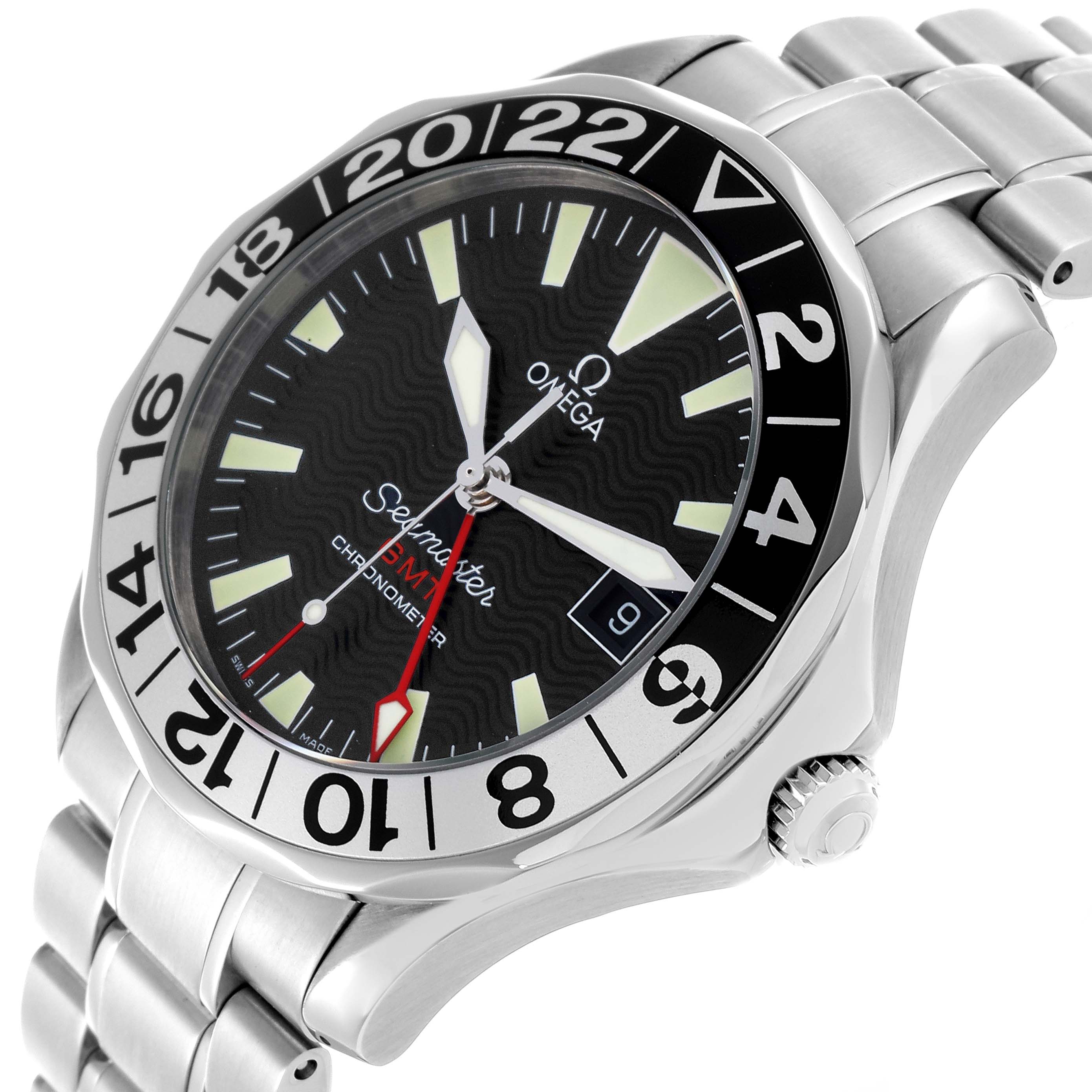 The Omega Seamaster 2234.50.00 Men
s Stainless Steel Black Dial 2234.50.00 Men
s Stainless Steel Black Dial watch is shown at a slight angle, displaying the bezel, dial, crown, and bracelet.