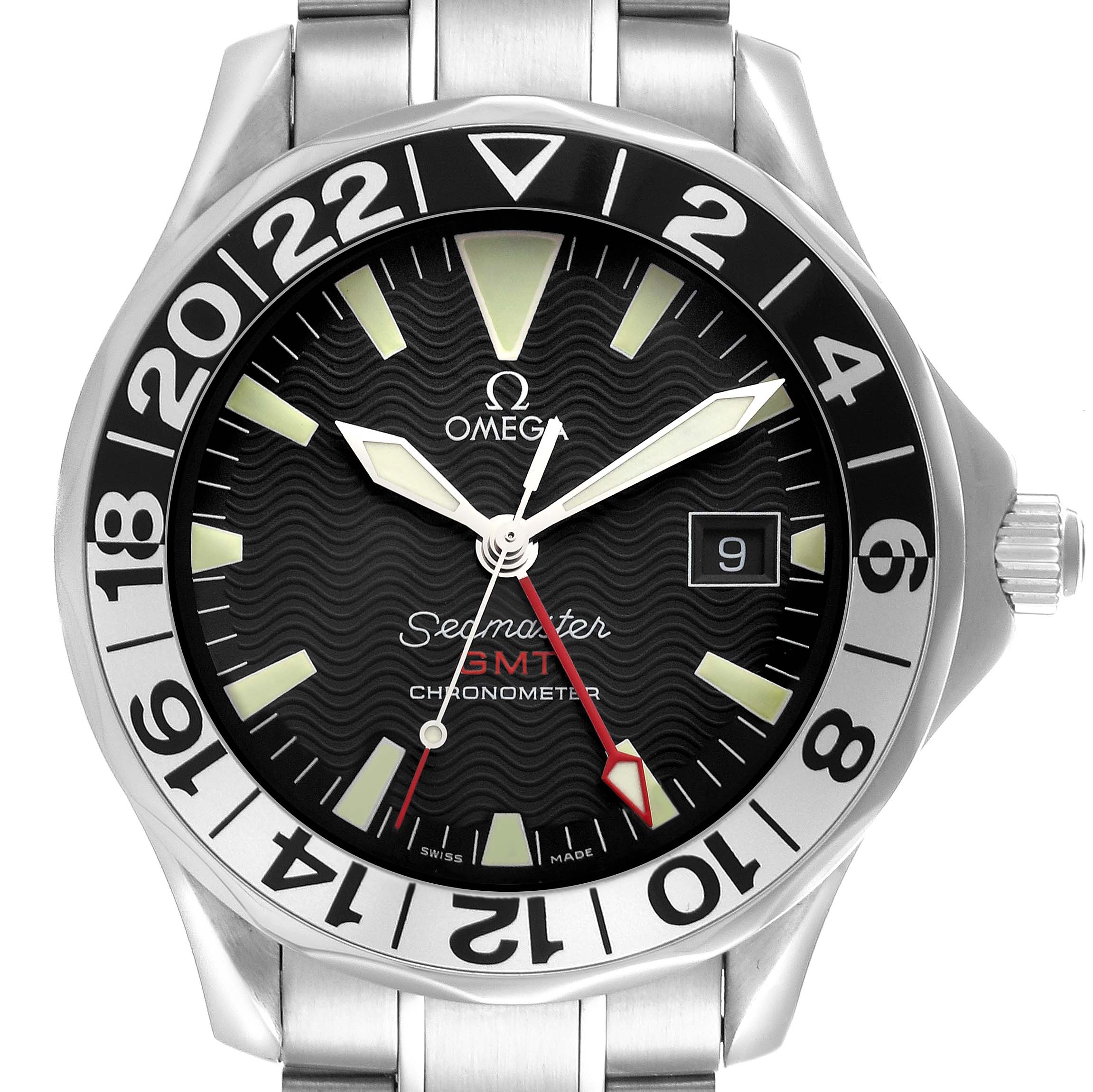The image shows a front view of the Omega Seamaster 2234.50.00 Men
s Stainless Steel Black Dial 2234.50.00 Men
s Stainless Steel Black Dial watch, highlighting the dial, bezel, and part of the bracelet.