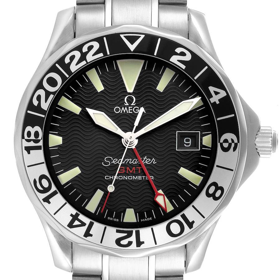 The image shows a front view of the Omega Seamaster watch, highlighting the dial, bezel, and part of the bracelet.