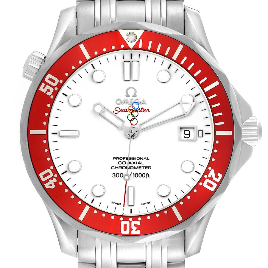 The Omega Seamaster watch is shown from the front, featuring its red bezel, white dial, and metal bracelet.