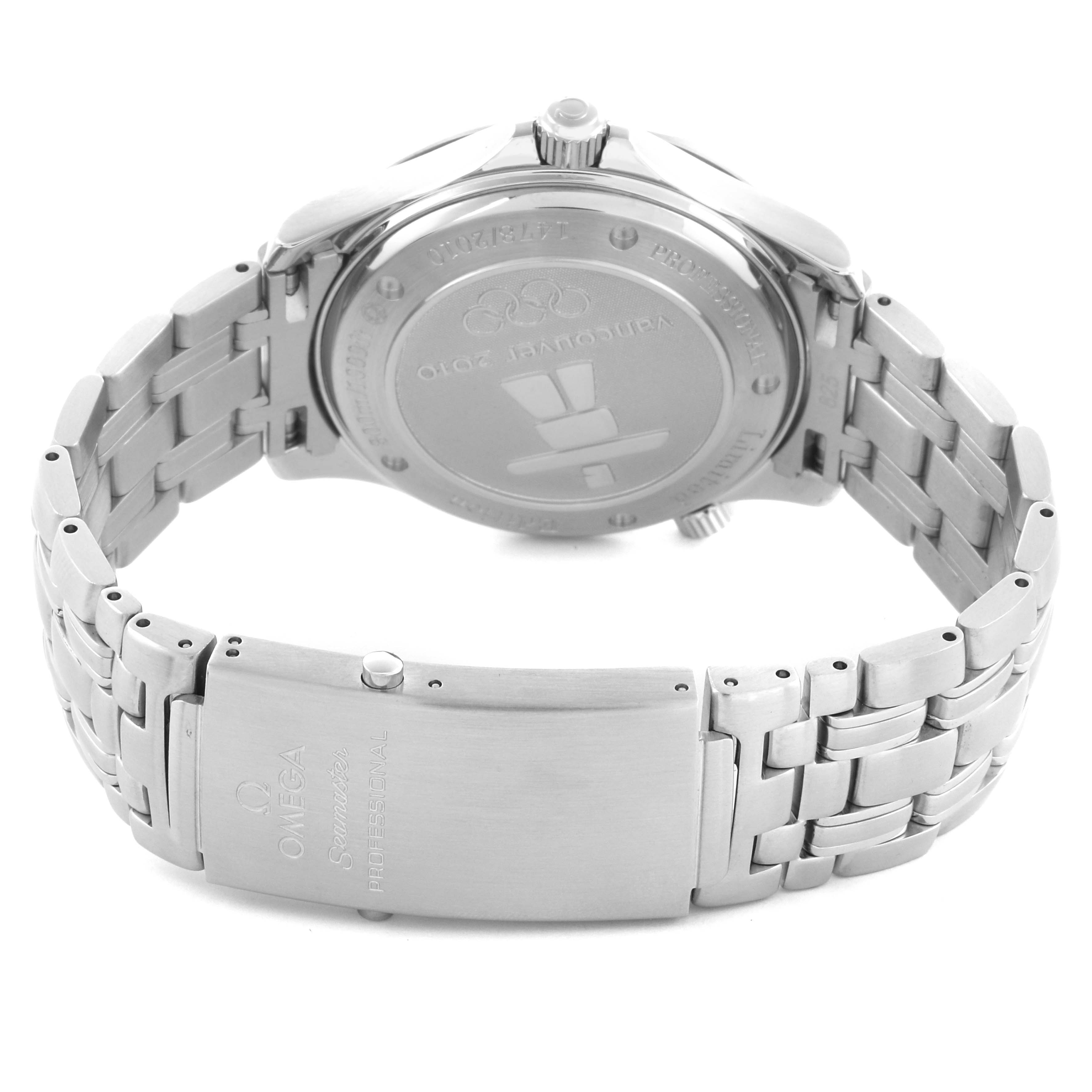 The image shows the back case and clasp of an Omega Seamaster 212.30.41.20.04.001 Men's Stainless Steel White Dial 212.30.41.20.04.001 Men's Stainless Steel White Dial watch, focusing on the bracelet and engraved details.