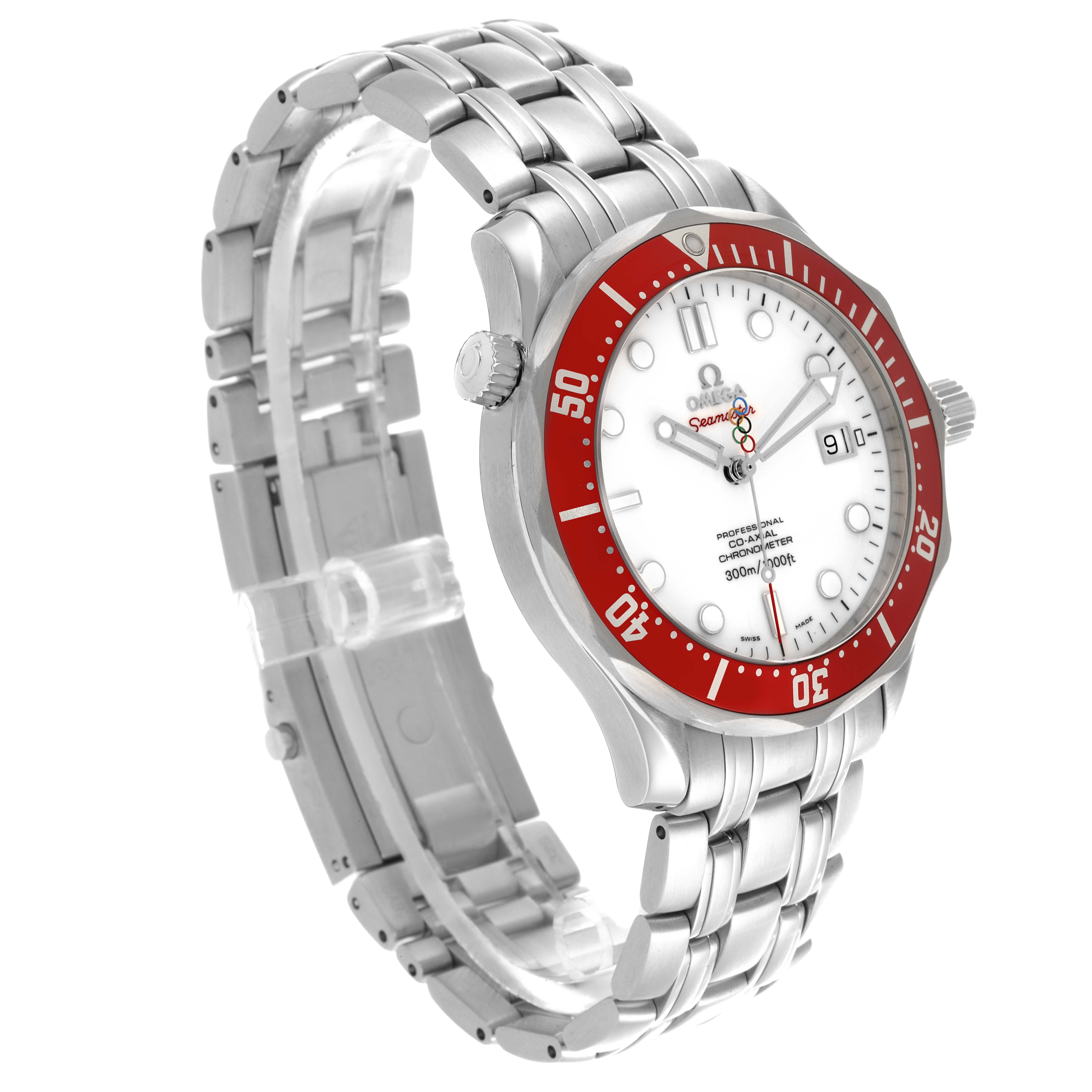 The Omega Seamaster 212.30.41.20.04.001 Men's Stainless Steel White Dial 212.30.41.20.04.001 Men's Stainless Steel White Dial watch is shown at a three-quarter angle, highlighting the face, bezel, crown, and bracelet.