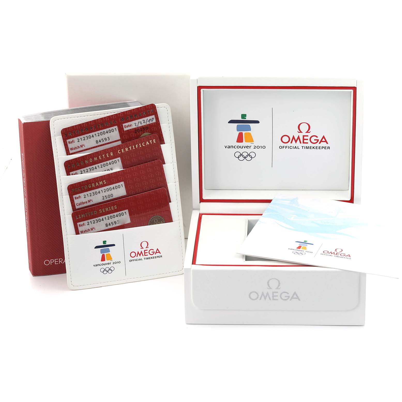 The image shows watch accessories and cards for the Omega Seamaster 212.30.41.20.04.001 Men's Stainless Steel White Dial 212.30.41.20.04.001 Men's Stainless Steel White Dial model, including Olympic-themed packaging and documentation.