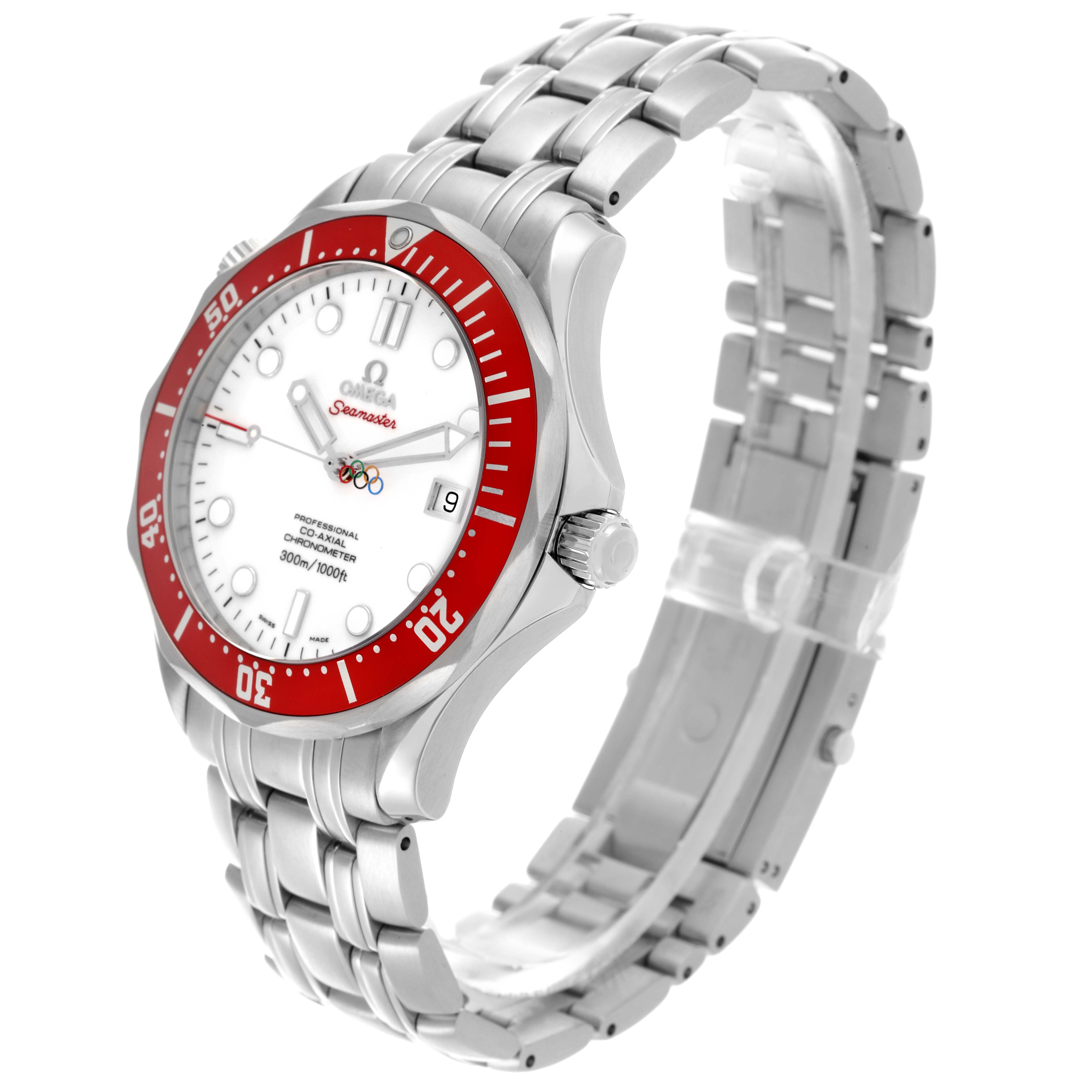 The Omega Seamaster 212.30.41.20.04.001 Men's Stainless Steel White Dial 212.30.41.20.04.001 Men's Stainless Steel White Dial watch is shown from a side angle, displaying the red bezel, white dial, crown, and metal bracelet.