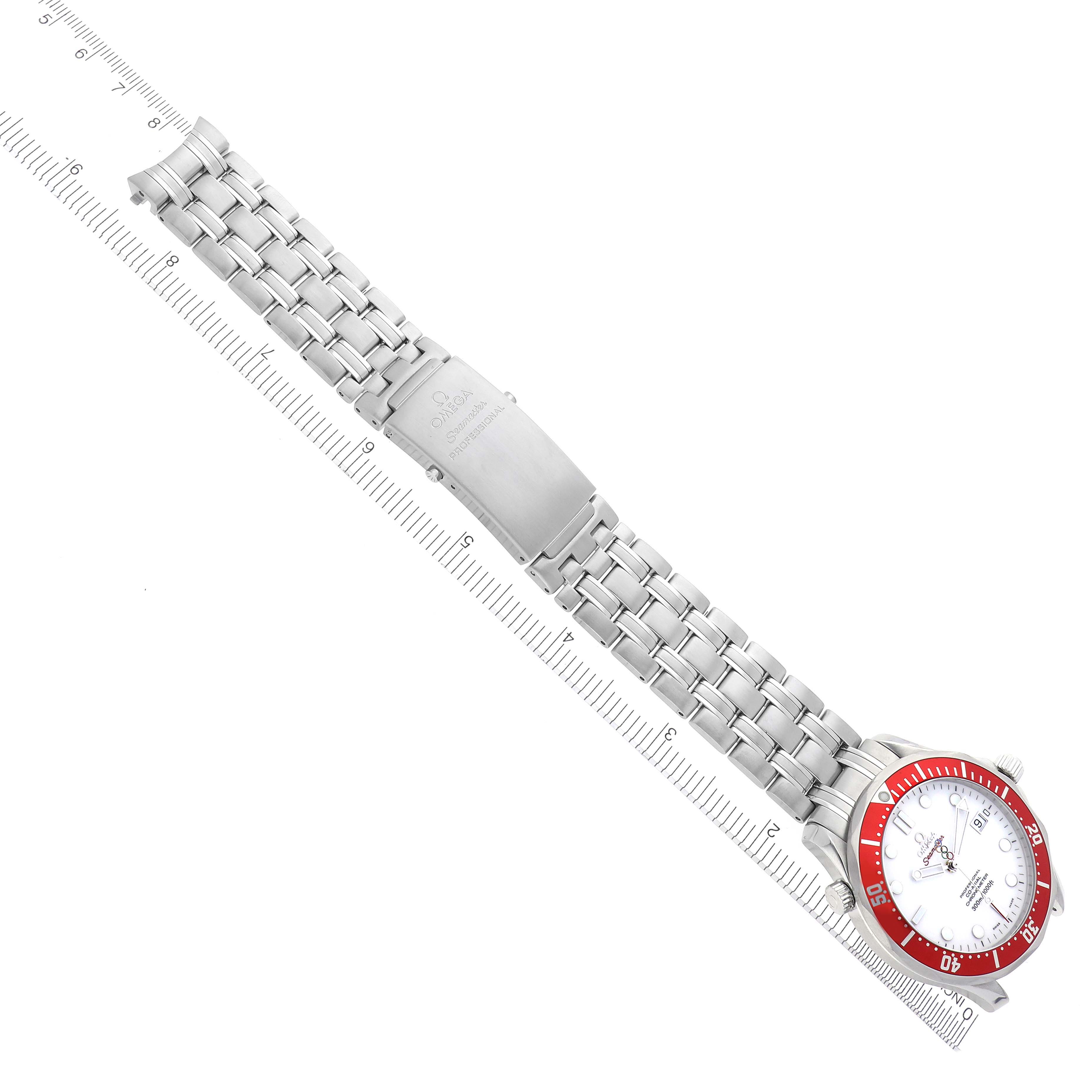 The Omega Seamaster 212.30.41.20.04.001 Men's Stainless Steel White Dial 212.30.41.20.04.001 Men's Stainless Steel White Dial watch is shown diagonally, displaying the full bracelet, clasp, red bezel, and white dial.