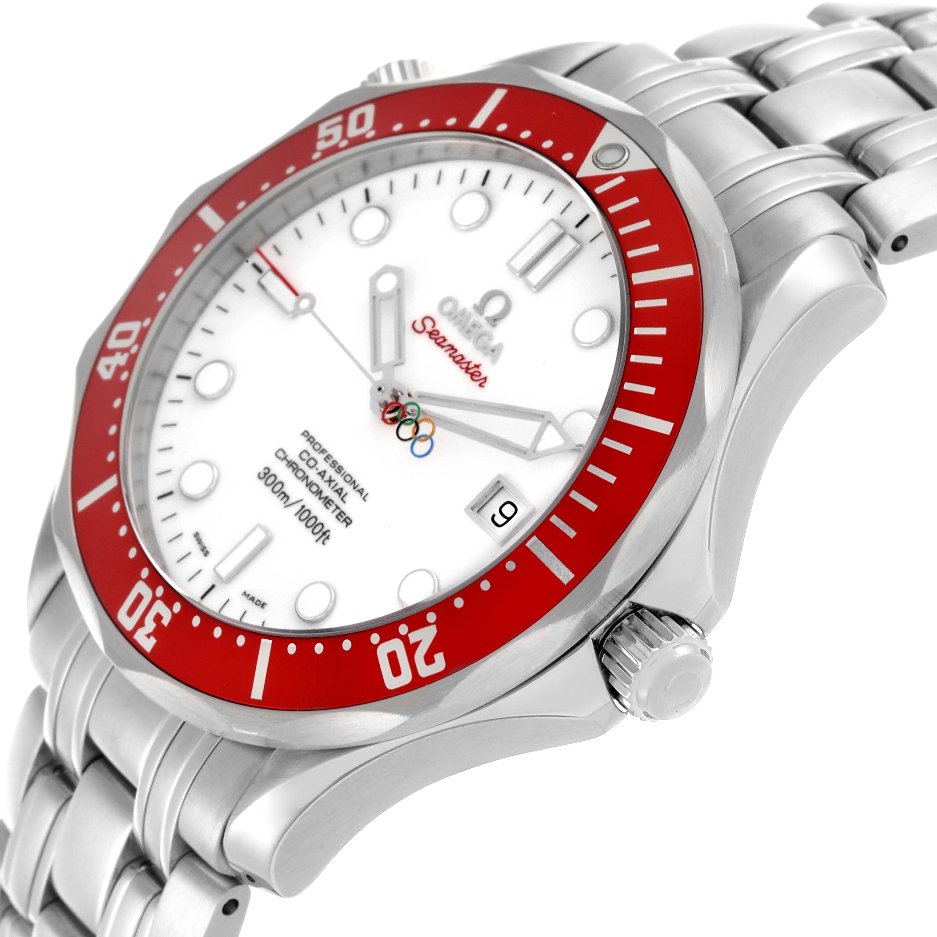 The Omega Seamaster 212.30.41.20.04.001 Men's Stainless Steel White Dial 212.30.41.20.04.001 Men's Stainless Steel White Dial watch is shown at an angled side view, highlighting its red bezel, crown, and bracelet.