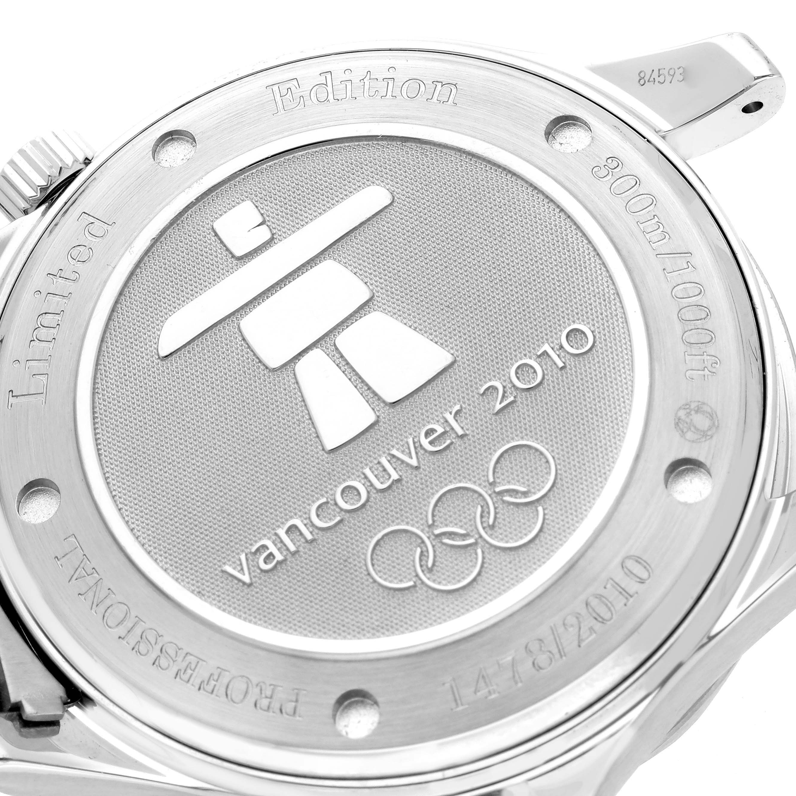 The image shows the engraved case back of the Omega Seamaster 212.30.41.20.04.001 Men's Stainless Steel White Dial 212.30.41.20.04.001 Men's Stainless Steel White Dial, featuring "Vancouver 2010" and Olympic rings.