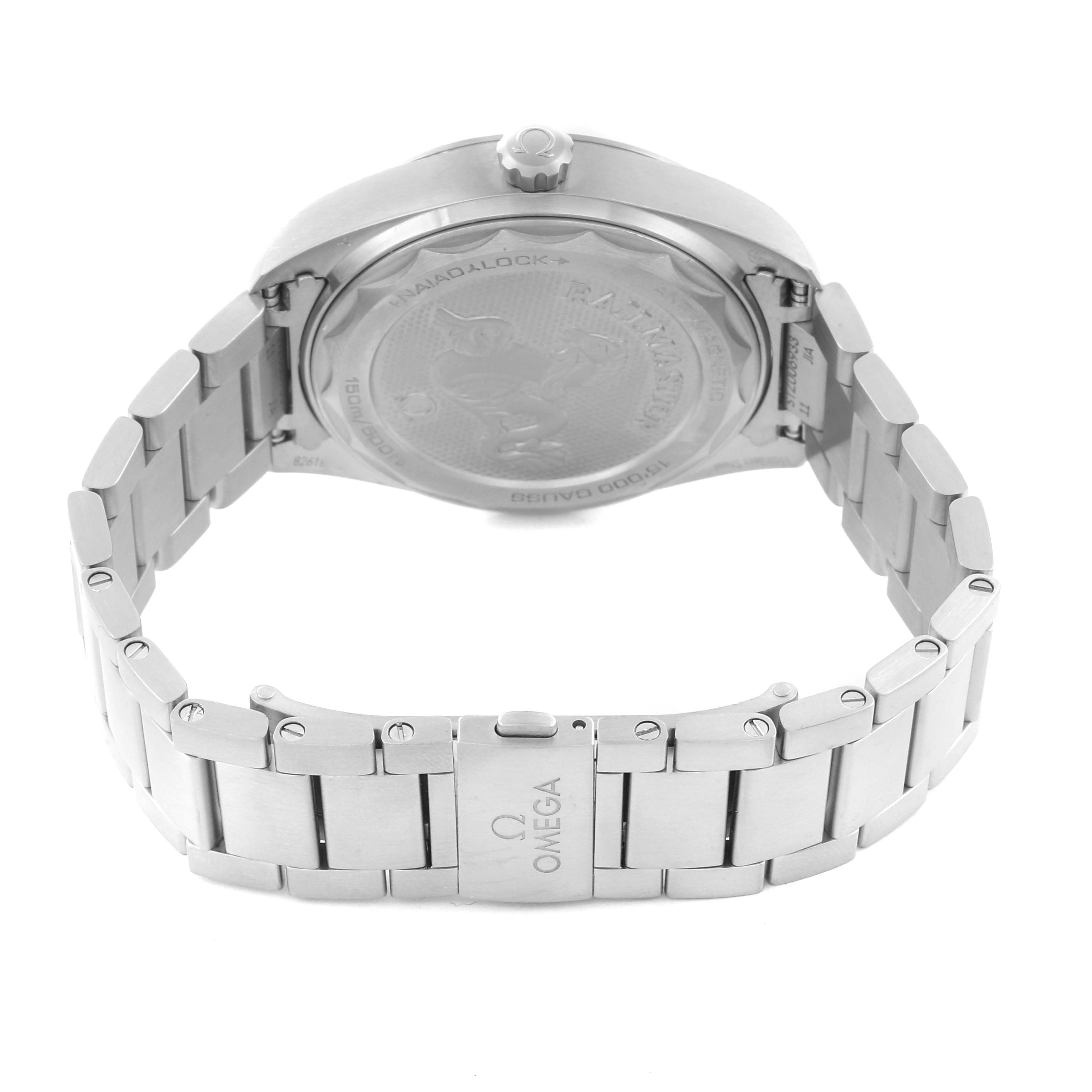 The image shows the back of the Omega Seamaster watch, highlighting the case back and the metal bracelet with the Omega logo on the clasp.