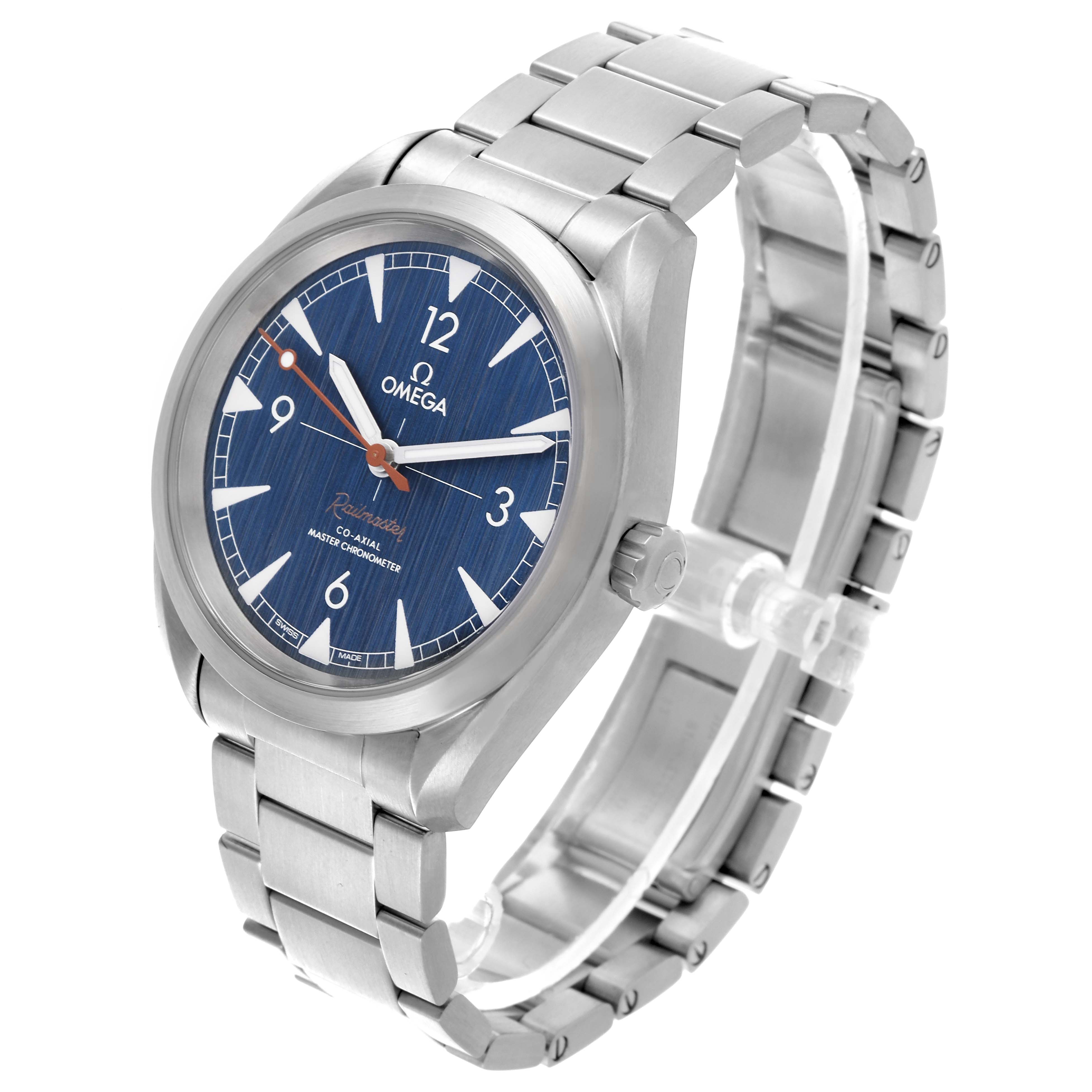 The Omega Seamaster watch is shown at a three-quarter angle, highlighting the face, bezel, and bracelet.