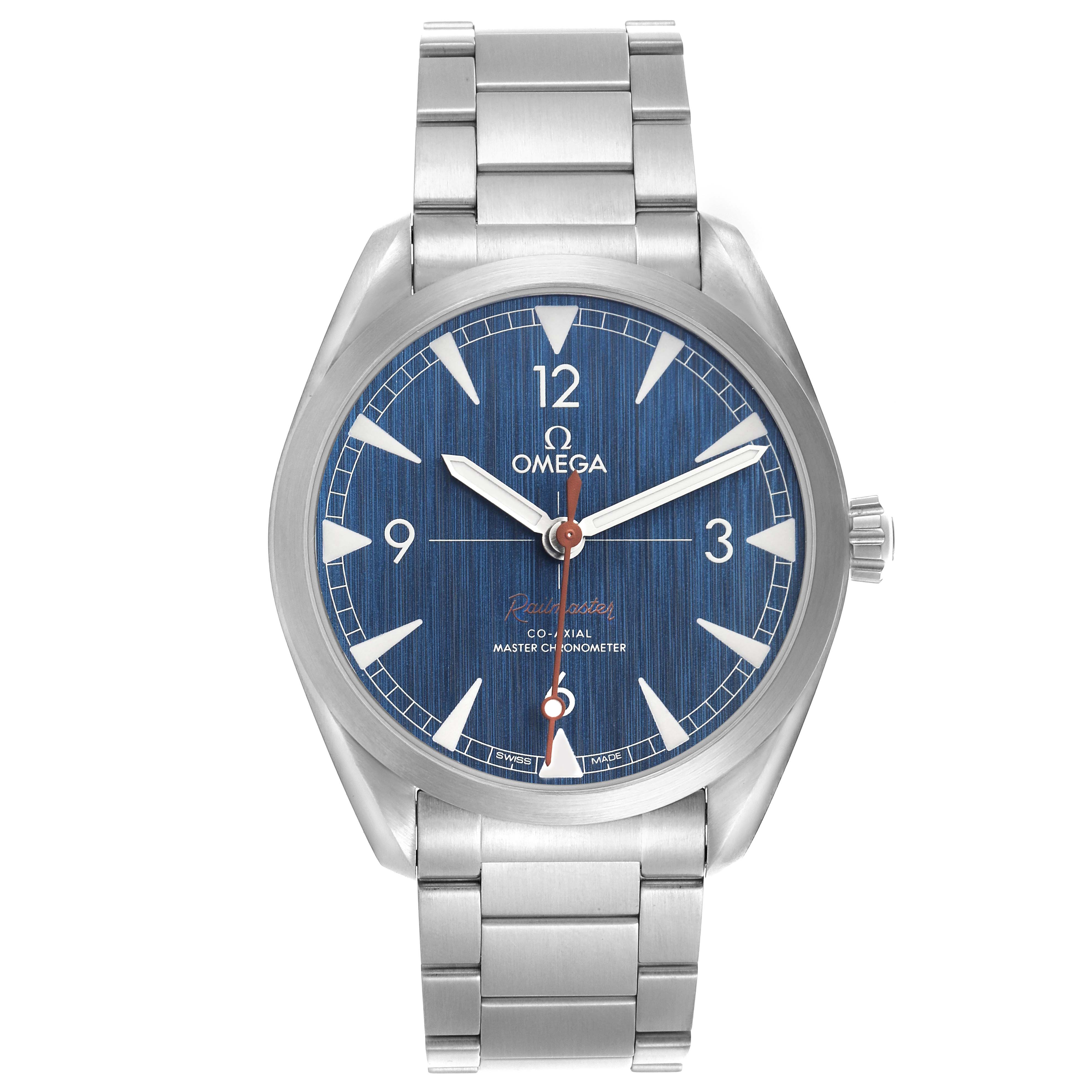The Omega Seamaster watch is shown from a front angle, displaying the face, bezel, and bracelet.