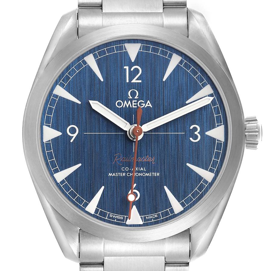 The Omega Seamaster watch is shown from the front, highlighting its blue dial, hands, hour markers, and stainless steel case.