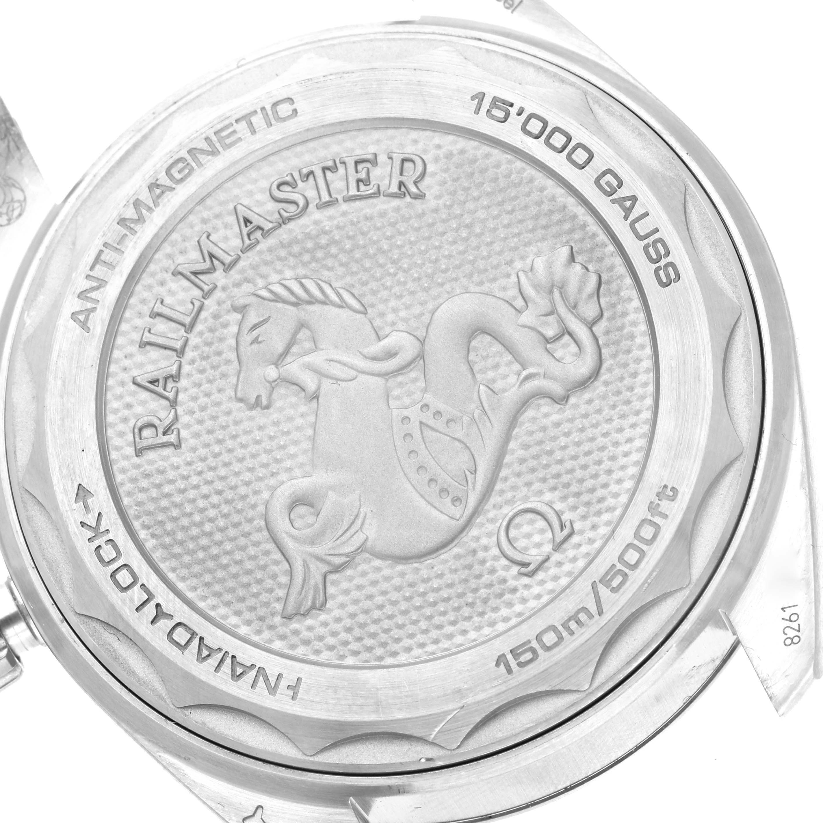 The image shows the case back of an Omega Seamaster Railmaster, displaying its anti-magnetic feature and water resistance.