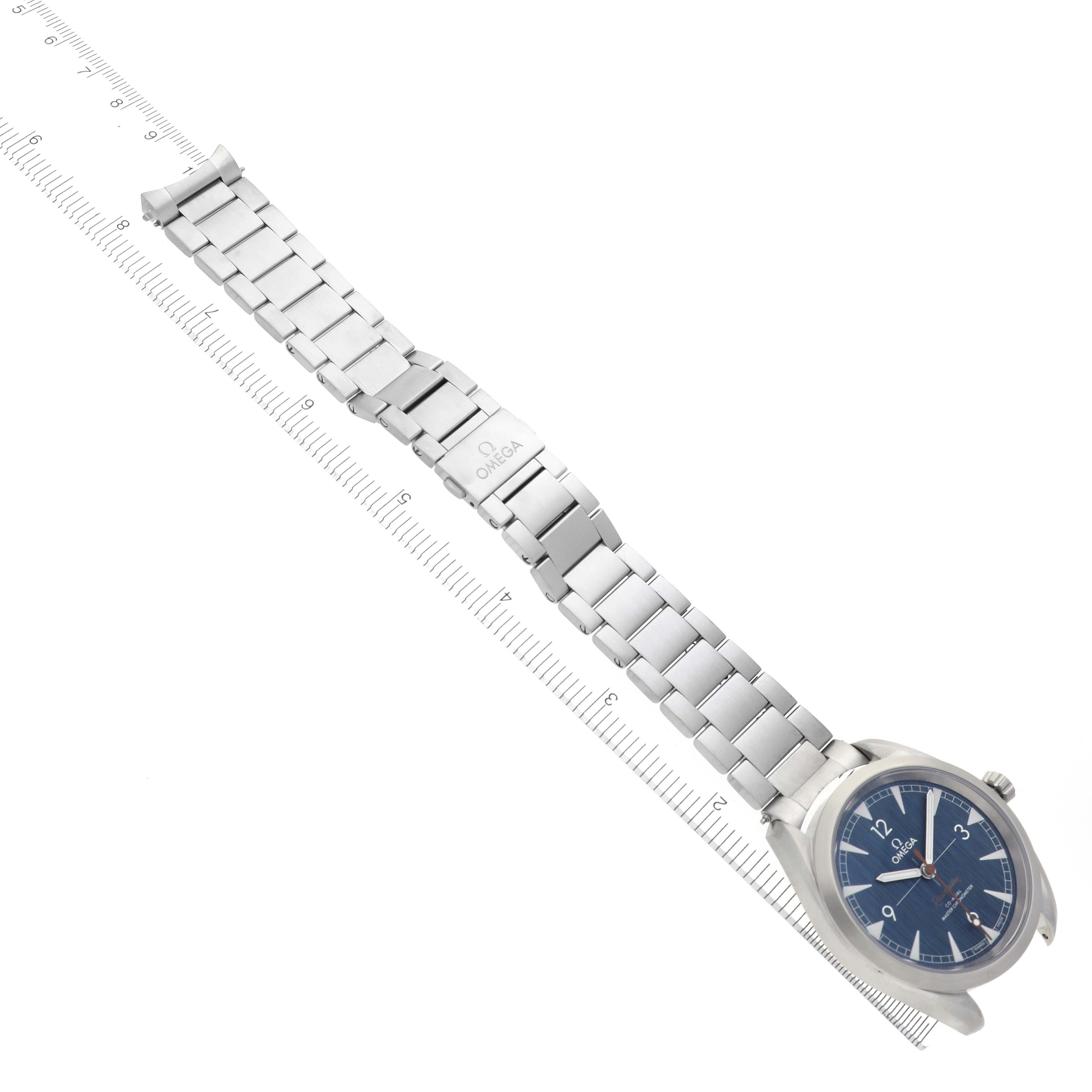 The Omega Seamaster watch is shown at a slight angle, displaying the full face and metal bracelet with the clasp visible.