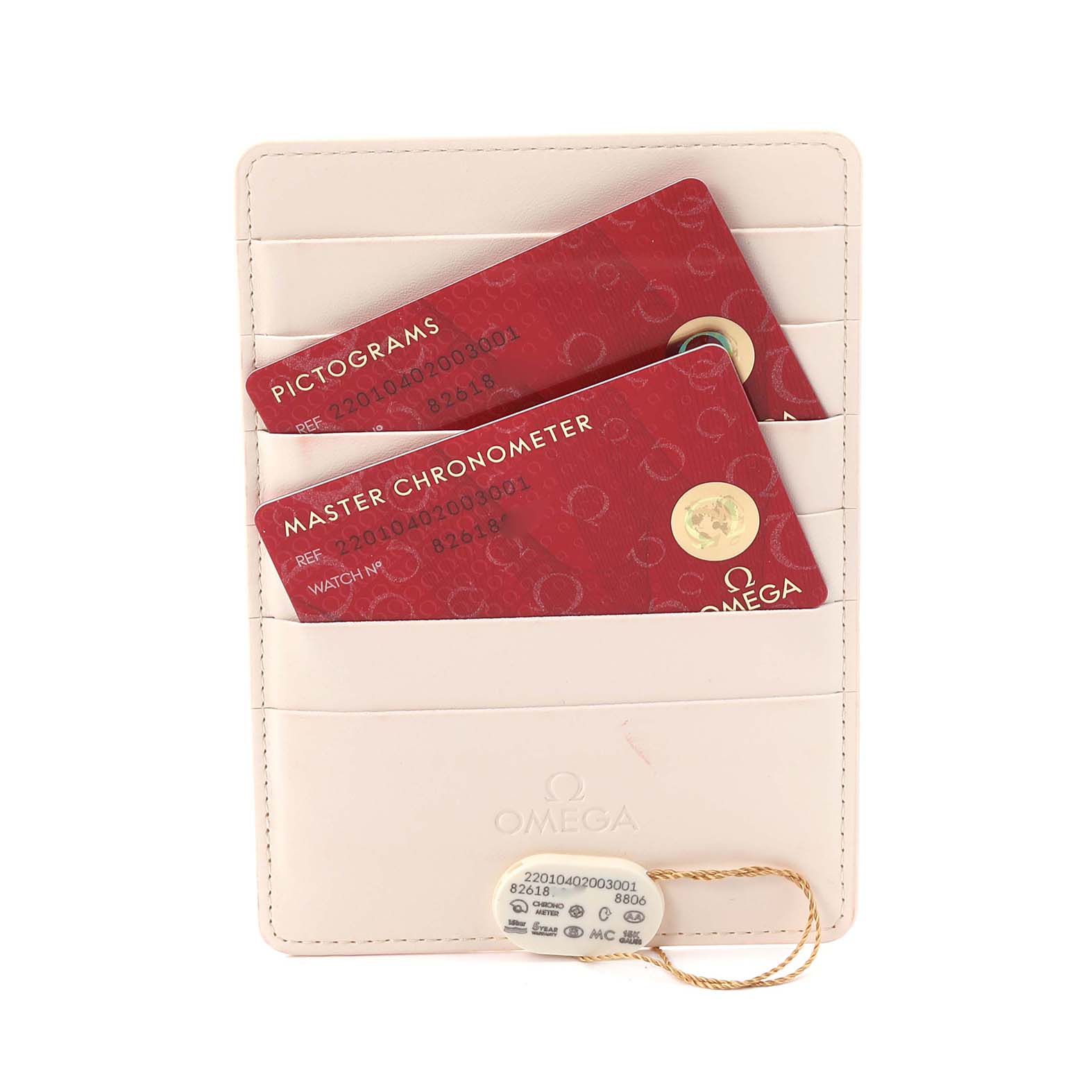 The image shows Omega Seamaster authenticity cards and a tag in a branded cardholder.