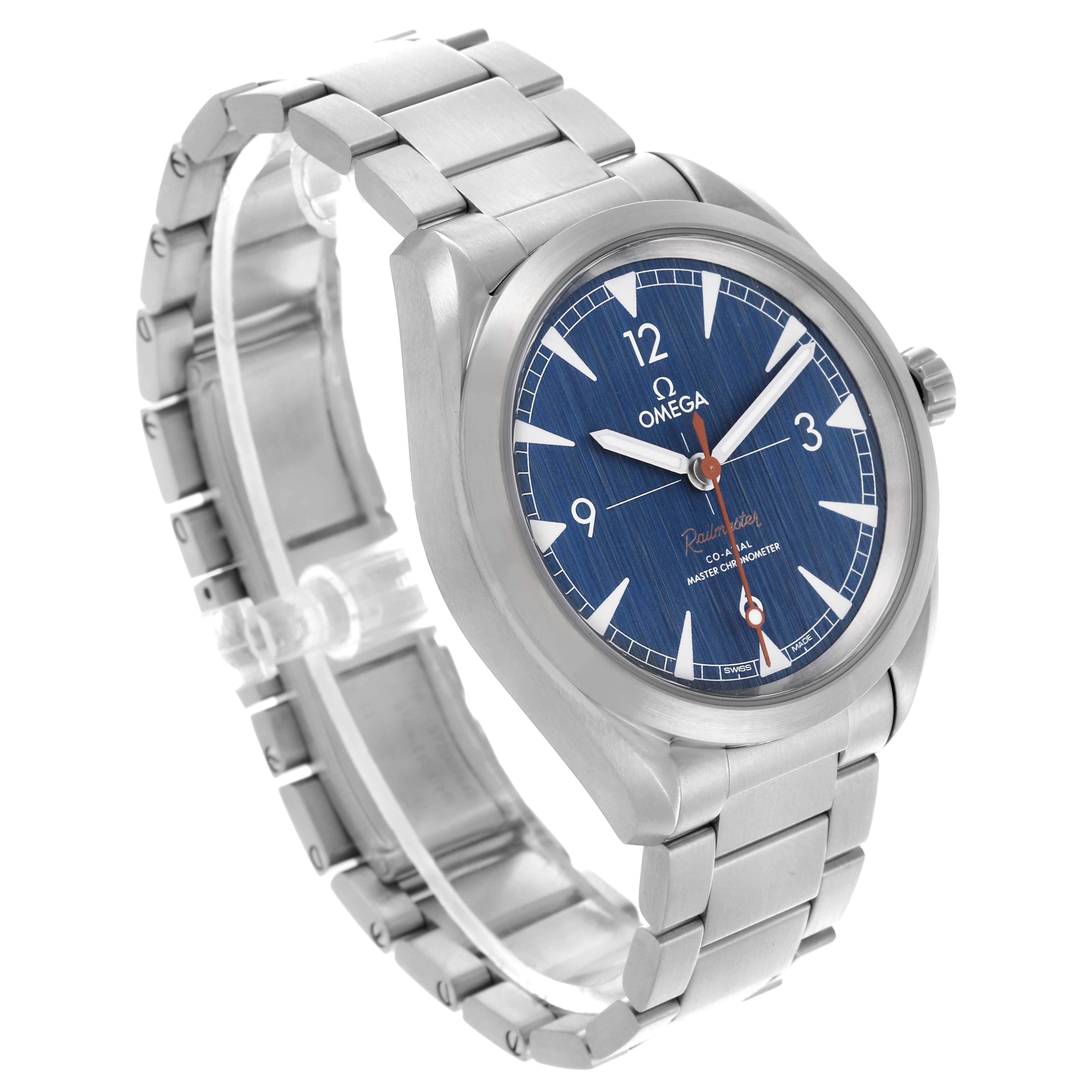 The Omega Seamaster watch is shown at a three-quarter angle, highlighting the bracelet, case, and dial.